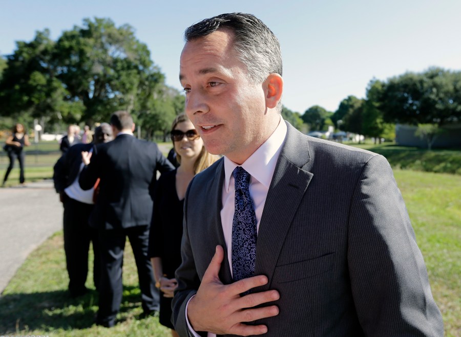 FILE - In this Oct. 20, 2015 photo, then-U.S. Rep. David Jolly speaks to media after showing up at a news conference for former Florida Gov. Charlie Crist in St. Petersburg, Fla. (AP Photo/Chris O'Meara, file)