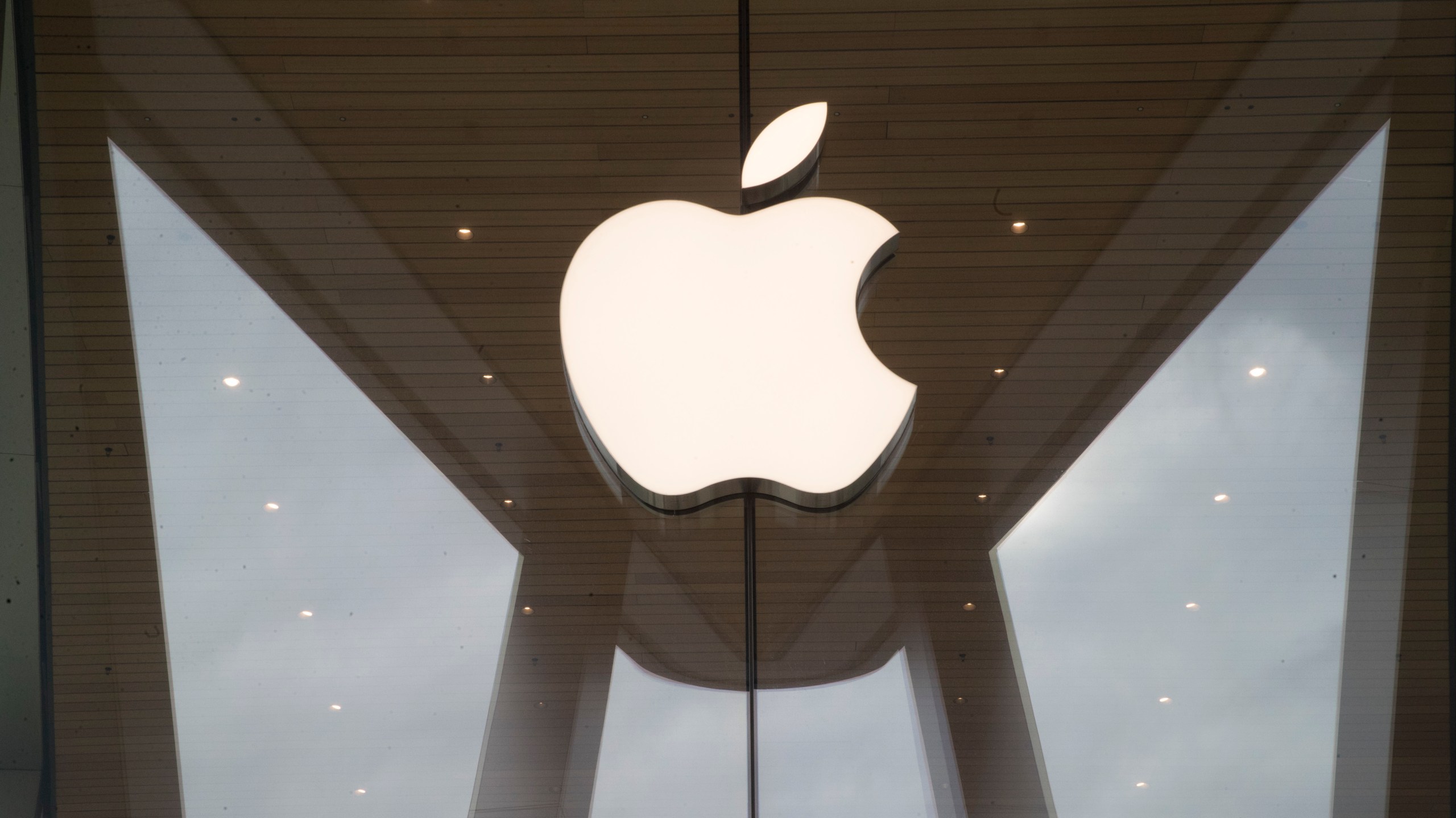 FILE - The Apple logo is displayed at an Apple store, Jan. 3, 2019. (AP Photo/Mary Altaffer, File)