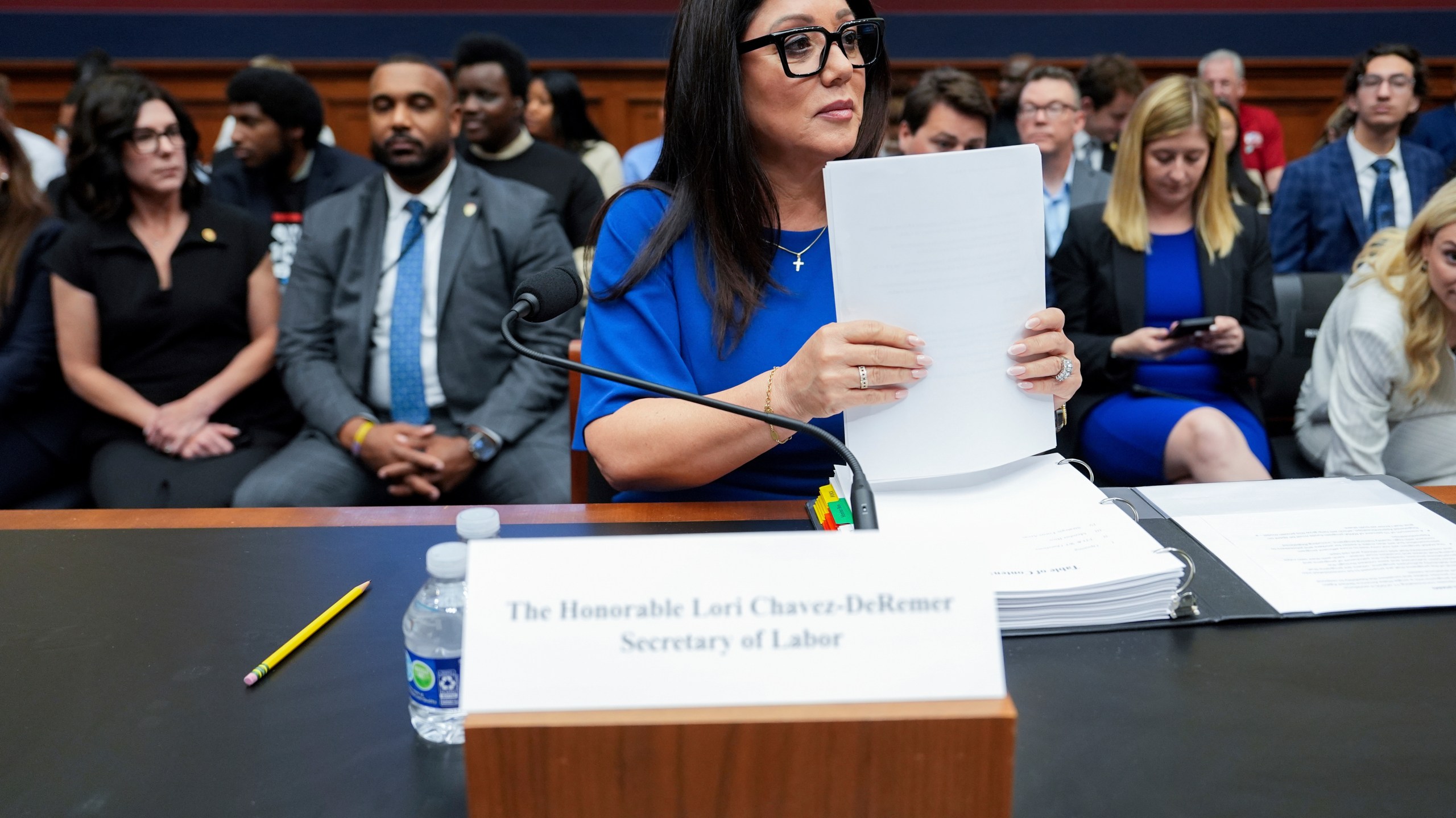 Secretary of Labor Lori Chavez-DeRemer arrives before a House Education and Workforce hearing, Thursday, June 5, 2025, on Capitol Hill in Washington. (AP Photo/Julia Demaree Nikhinson)