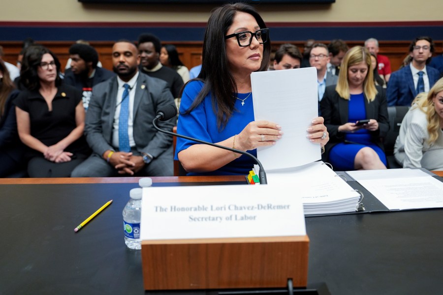 Secretary of Labor Lori Chavez-DeRemer arrives before a House Education and Workforce hearing, Thursday, June 5, 2025, on Capitol Hill in Washington. (AP Photo/Julia Demaree Nikhinson)
