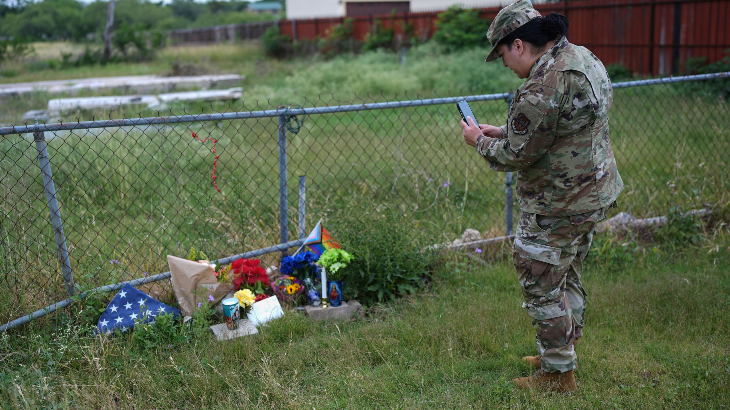 Candles, flowers, and notes make up make-shift memorial for voice actor Jonathan Joss who was recently killed, Tuesday, June 3, 2025, in San Antonio. (AP Photo/Eric Gay)