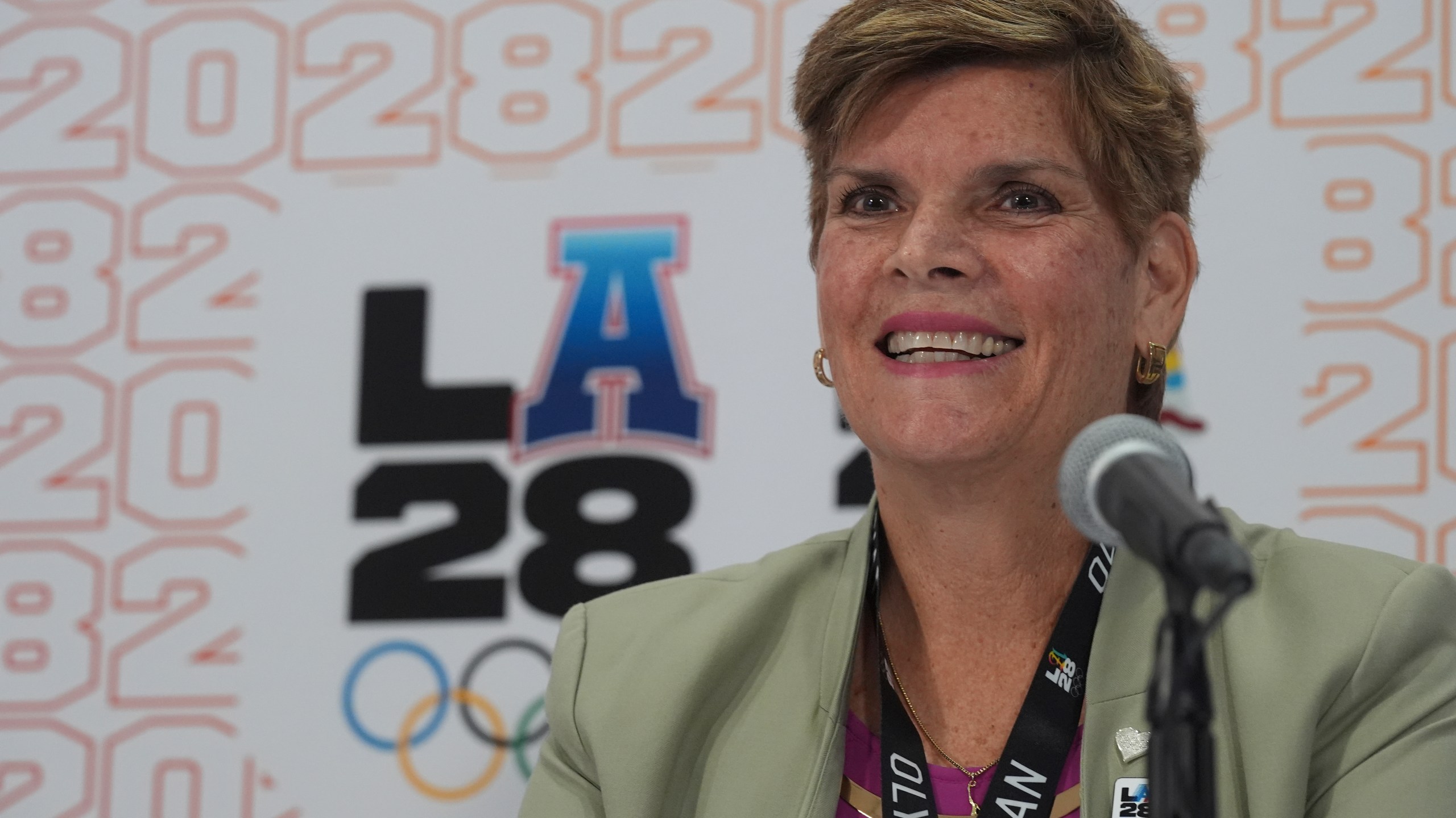 Nicole Hoevertsz, a former Olympian from Aruba who competed in synchronized swimming at the 1984 Los Angeles Olympic Games, now the IOC vice president and LA28 Coordination Commission chair, remembers her past experience competing in Los Angeles during a news conference in Los Angeles, Thursday, June 5, 2025. (AP Photo/Damian Dovarganes)