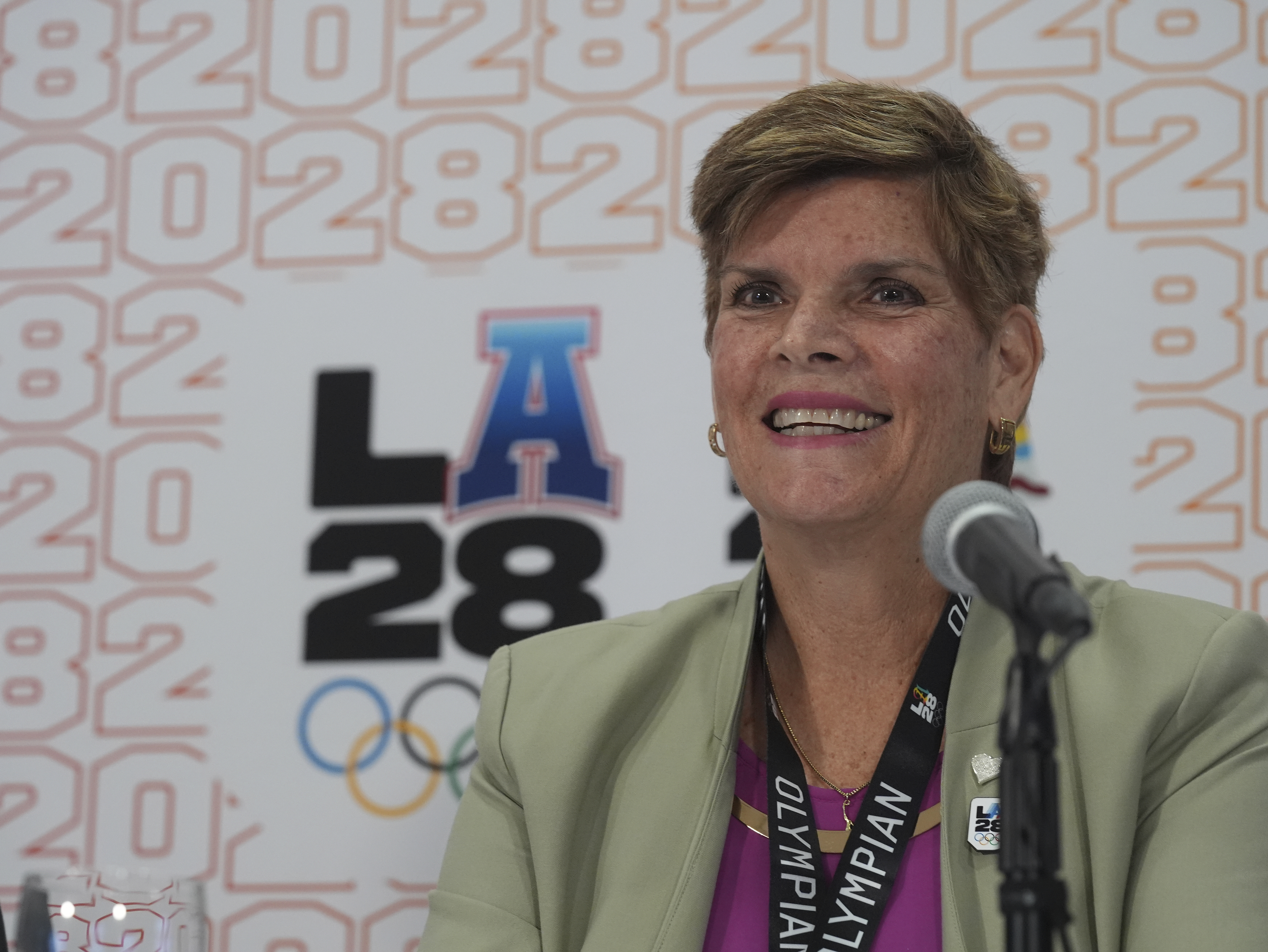 Nicole Hoevertsz, a former Olympian from Aruba who competed in synchronized swimming at the 1984 Los Angeles Olympic Games, now the IOC vice president and LA28 Coordination Commission chair, remembers her past experience competing in Los Angeles during a news conference in Los Angeles, Thursday, June 5, 2025. (AP Photo/Damian Dovarganes)