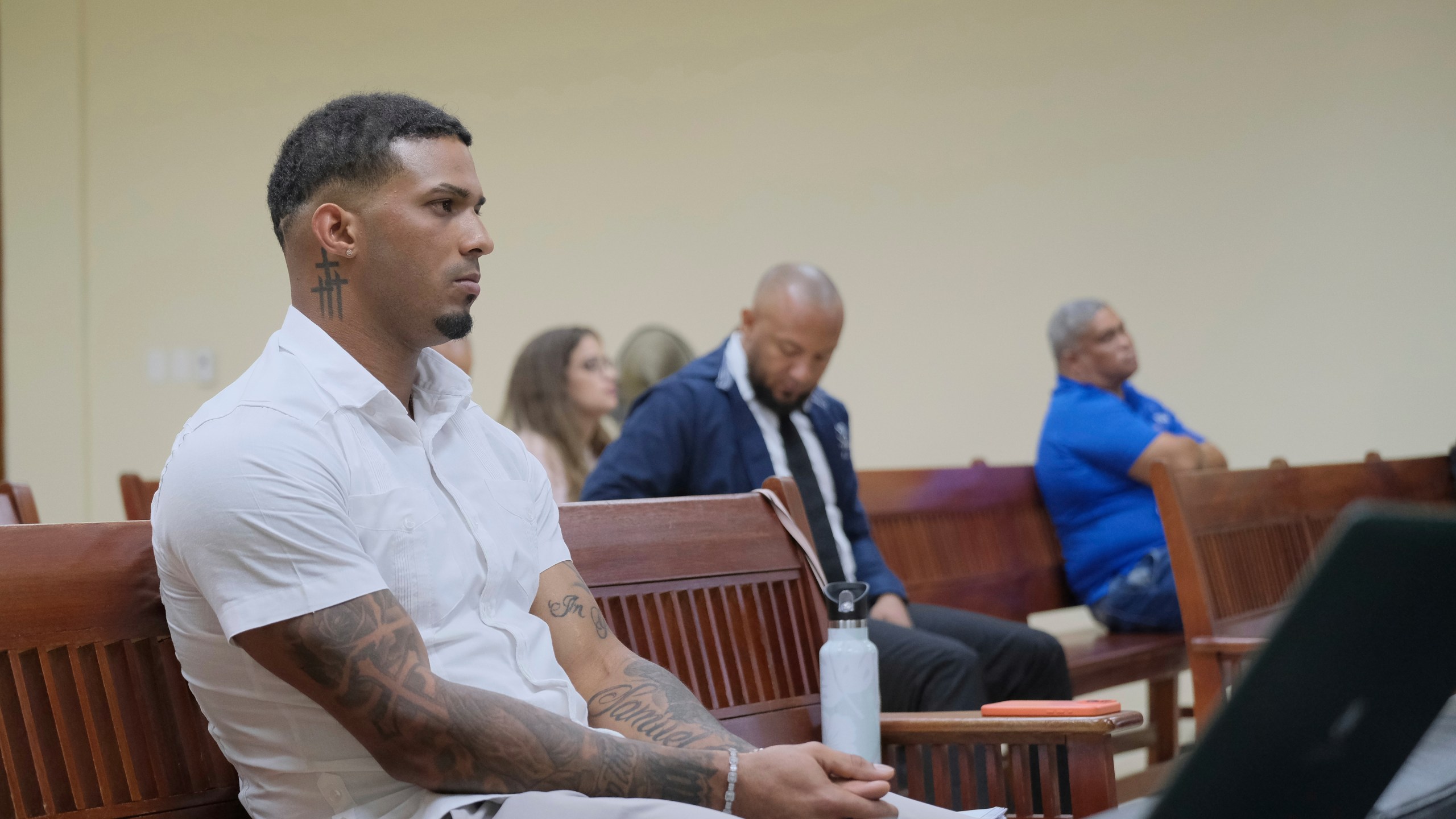 Tampa Bay Rays shortstop Wander Franco sits in court during his trial on charges of sexually abusing a minor, in Puerto Plata, Dominican Republic, Monday, June 2, 2025. (AP Photo/Ricardo Hernandez)