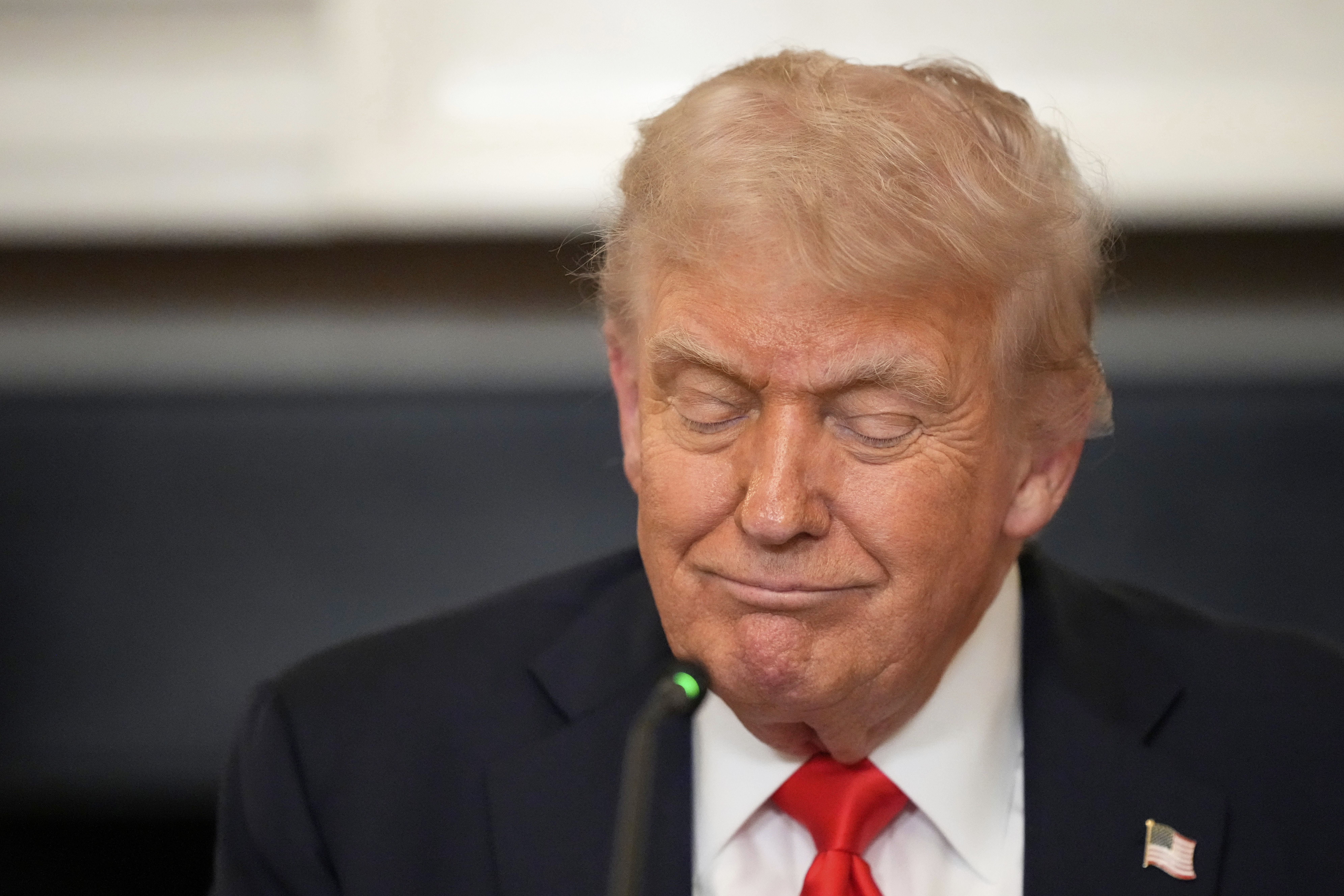 President Donald Trump attends a meeting with the Fraternal Order of Police in the State Dinning Room of the White House, Thursday, June 5, 2025, in Washington. (AP Photo/Alex Brandon)