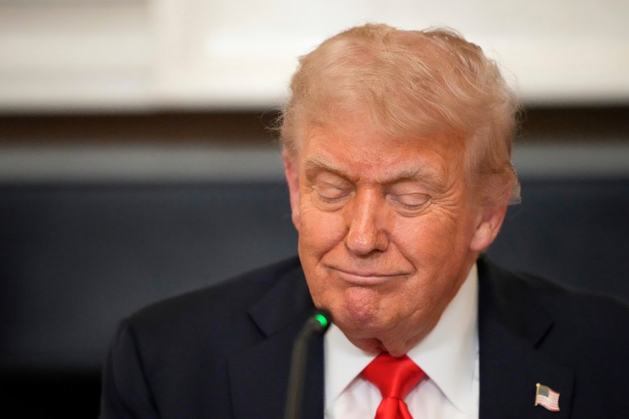 President Donald Trump attends a meeting with the Fraternal Order of Police in the State Dinning Room of the White House, Thursday, June 5, 2025, in Washington. (AP Photo/Alex Brandon)