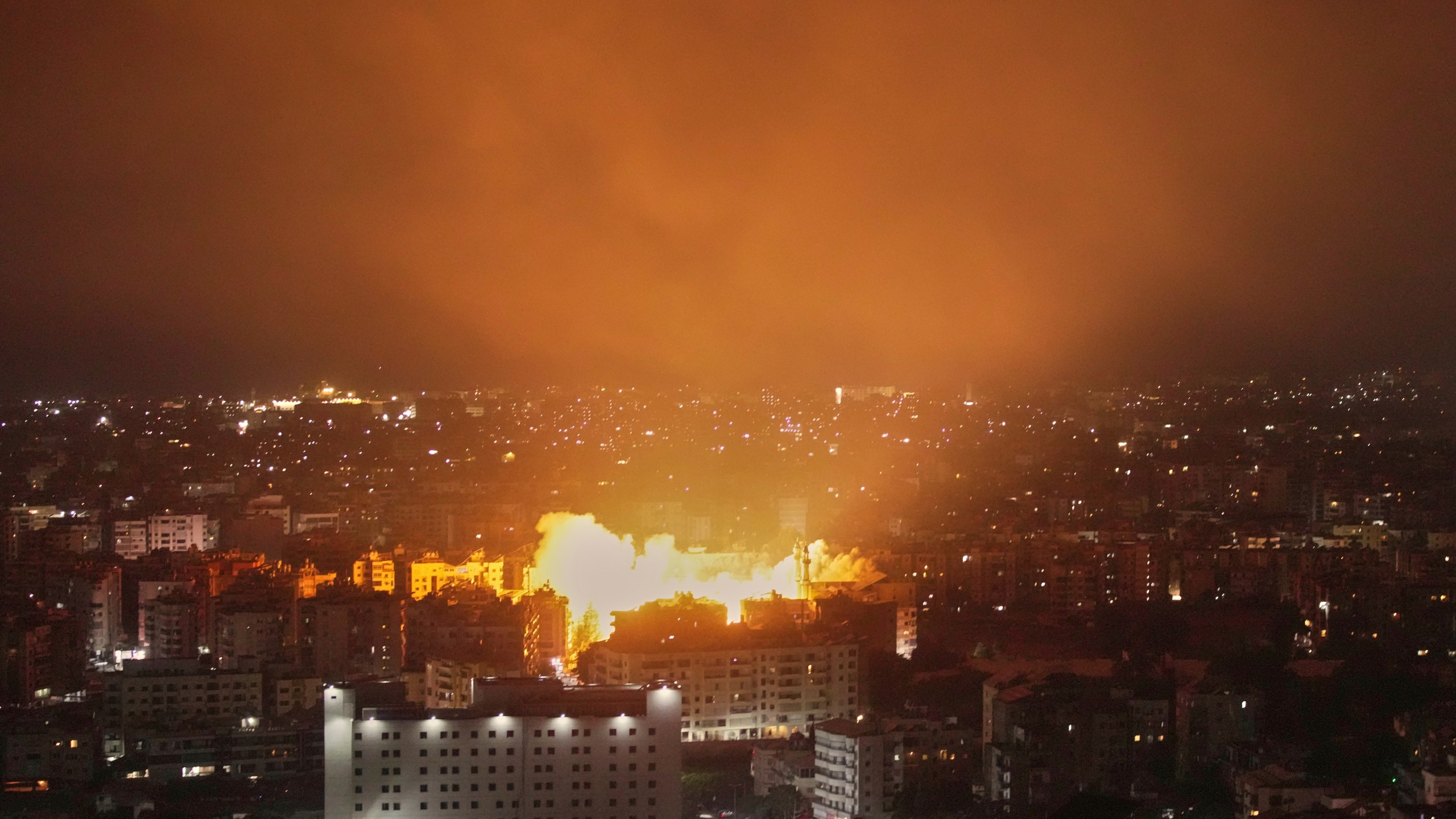 Flames rise following an Israeli airstrike on Dahiyeh in the southern suburb of Beirut, Lebanon, Thursday, June 5, 2025. (AP Photo/Hassan Ammar)
