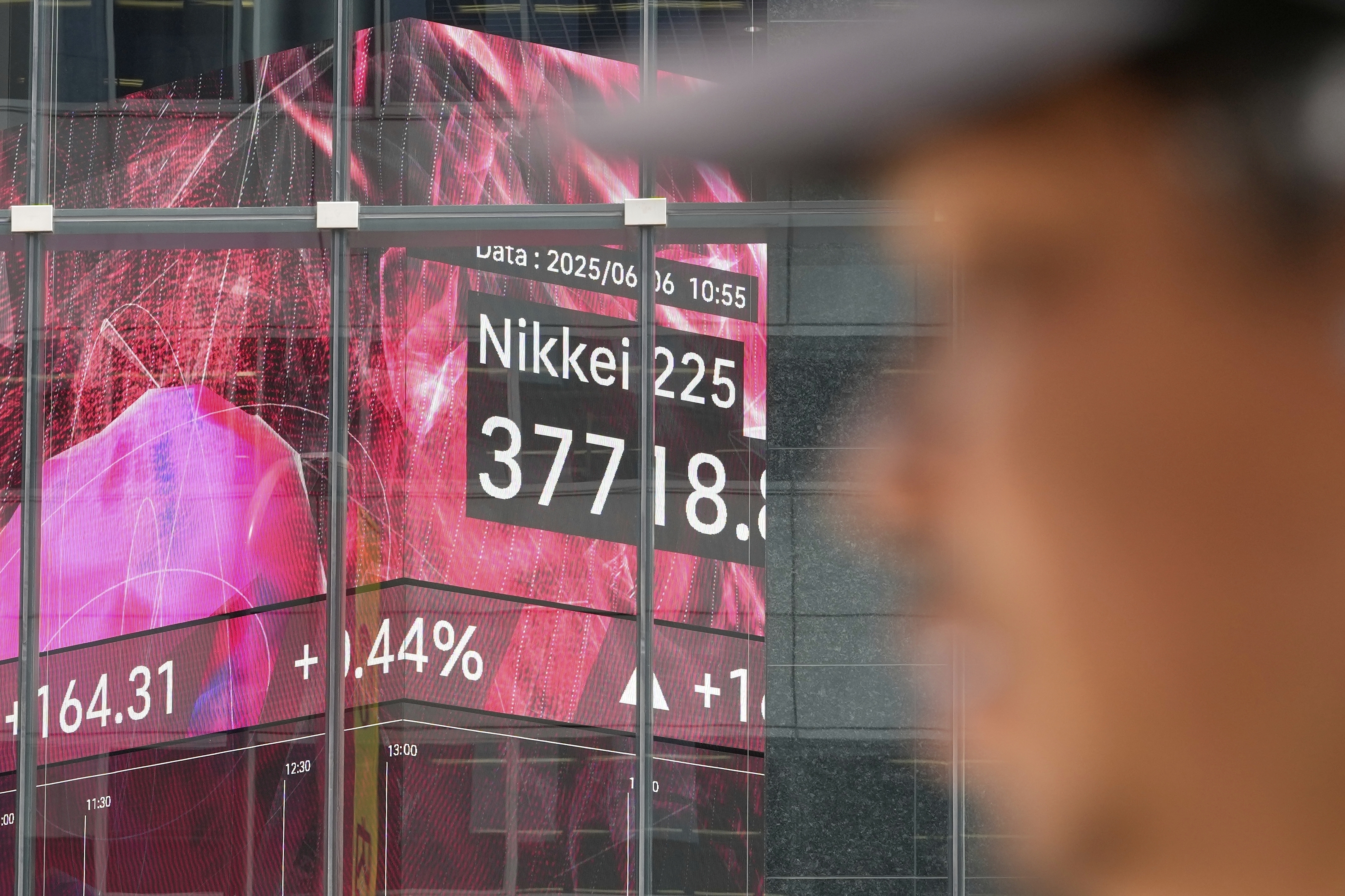 A person walks in front of an electronic stock board showing Japan's Nikkei index at a securities firm Friday, June 6, 2025, in Tokyo. (AP Photo/Eugene Hoshiko)
