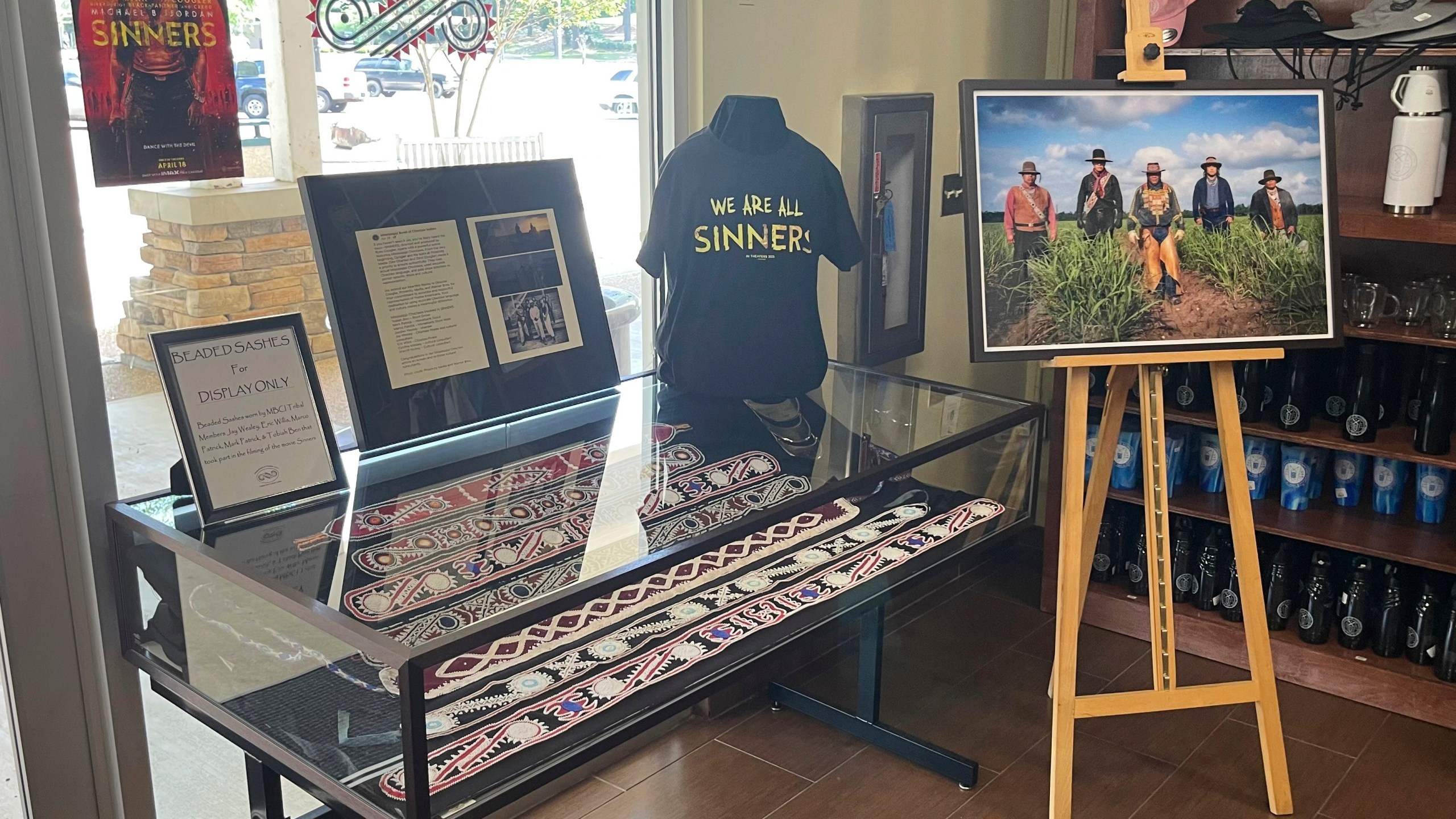 The Chahta Immi Cultural Center displays artifacts characters wore in the movie "Sinners" on Thursday, June 5, 2025, in Choctaw, Miss. (Jay Wesley via AP)