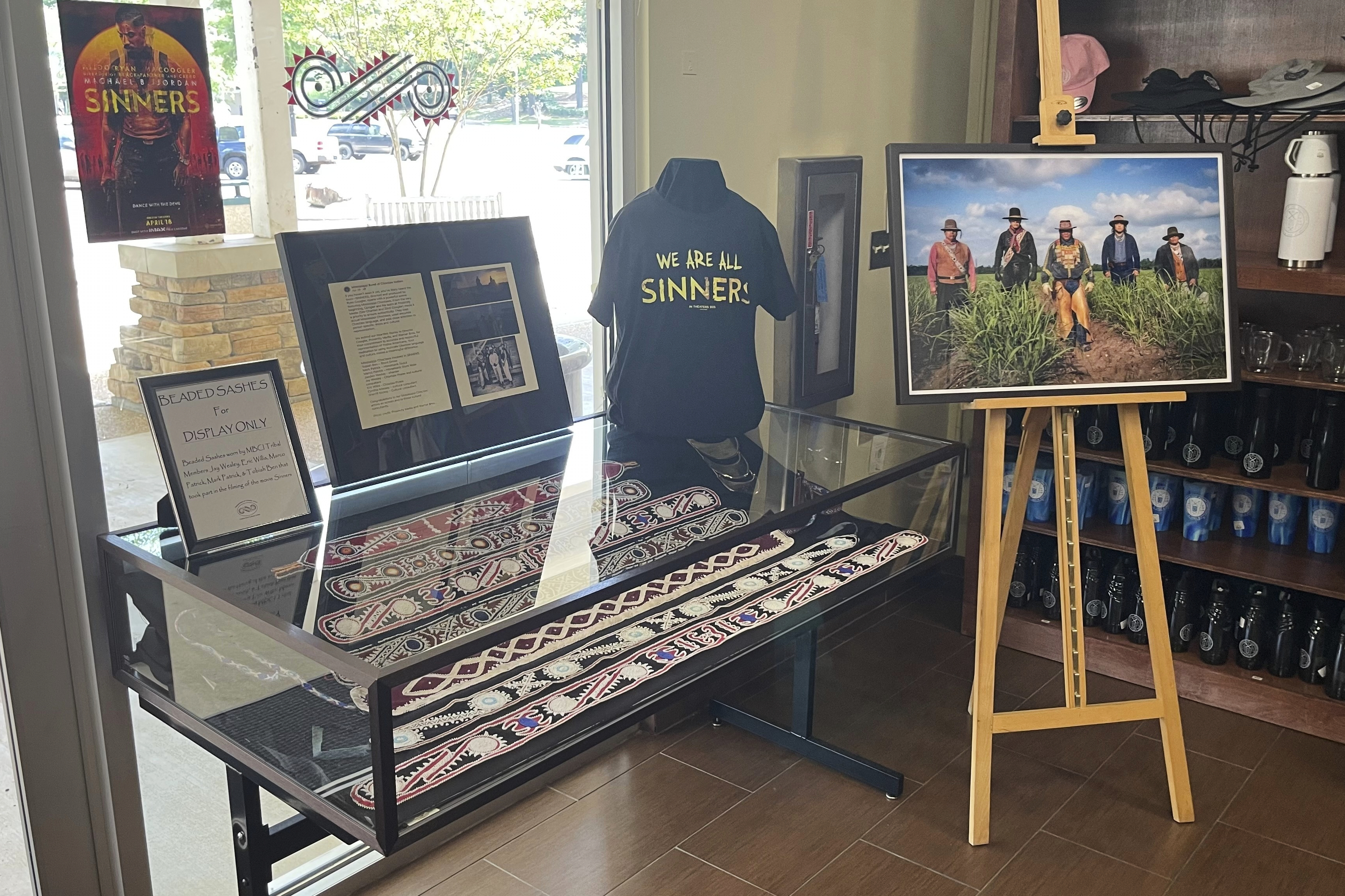 The Chahta Immi Cultural Center displays artifacts characters wore in the movie "Sinners" on Thursday, June 5, 2025, in Choctaw, Miss. (Jay Wesley via AP)