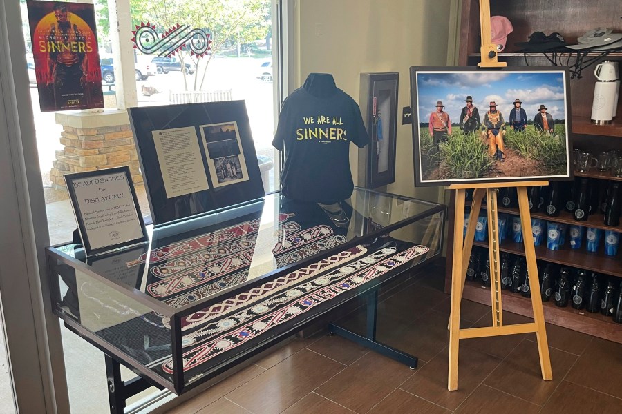 The Chahta Immi Cultural Center displays artifacts characters wore in the movie "Sinners" on Thursday, June 5, 2025, in Choctaw, Miss. (Jay Wesley via AP)