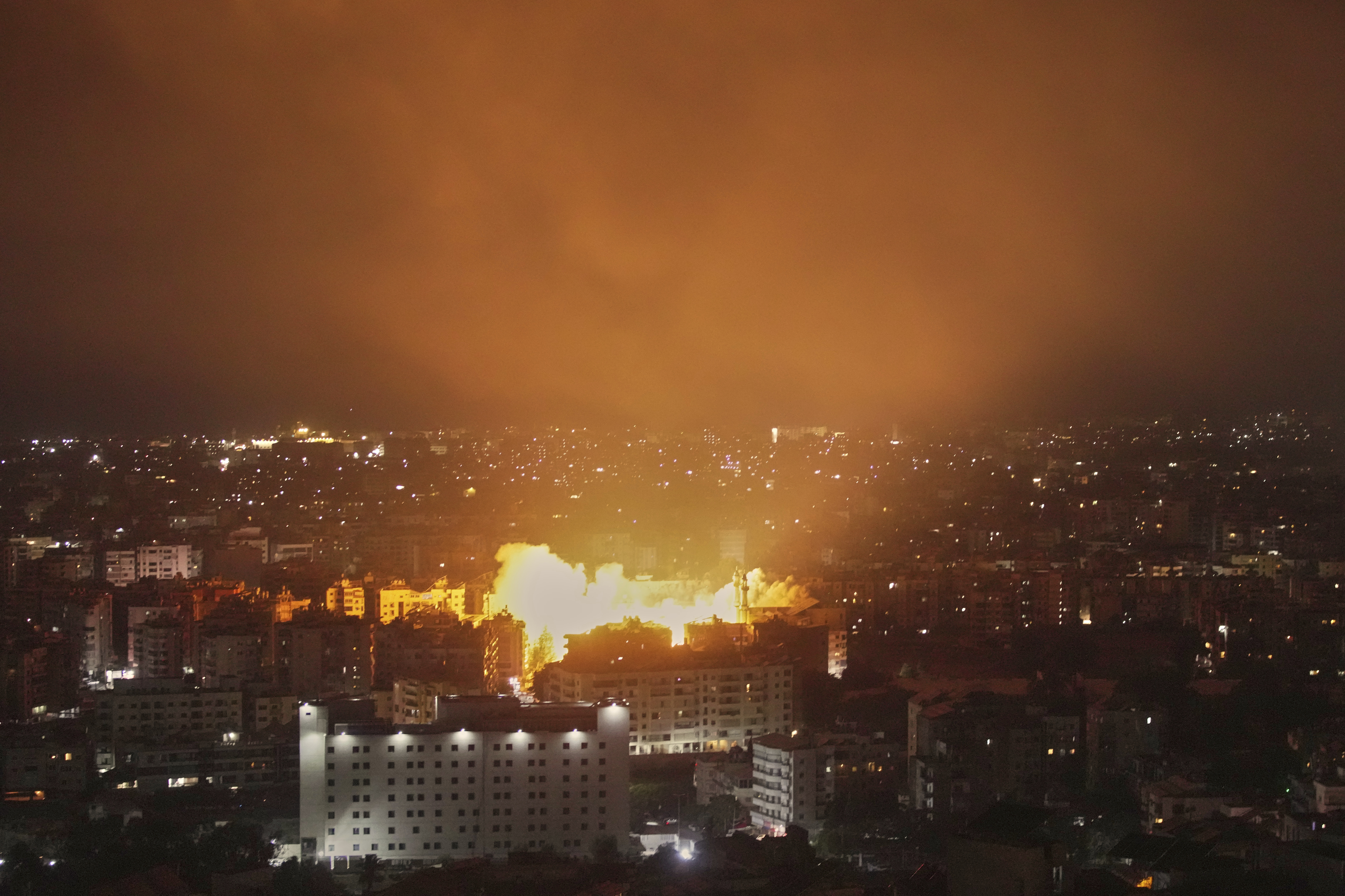 Flames rise following an Israeli airstrike on Dahiyeh in the southern suburb of Beirut, Lebanon, Thursday, June 5, 2025. (AP Photo/Hassan Ammar)