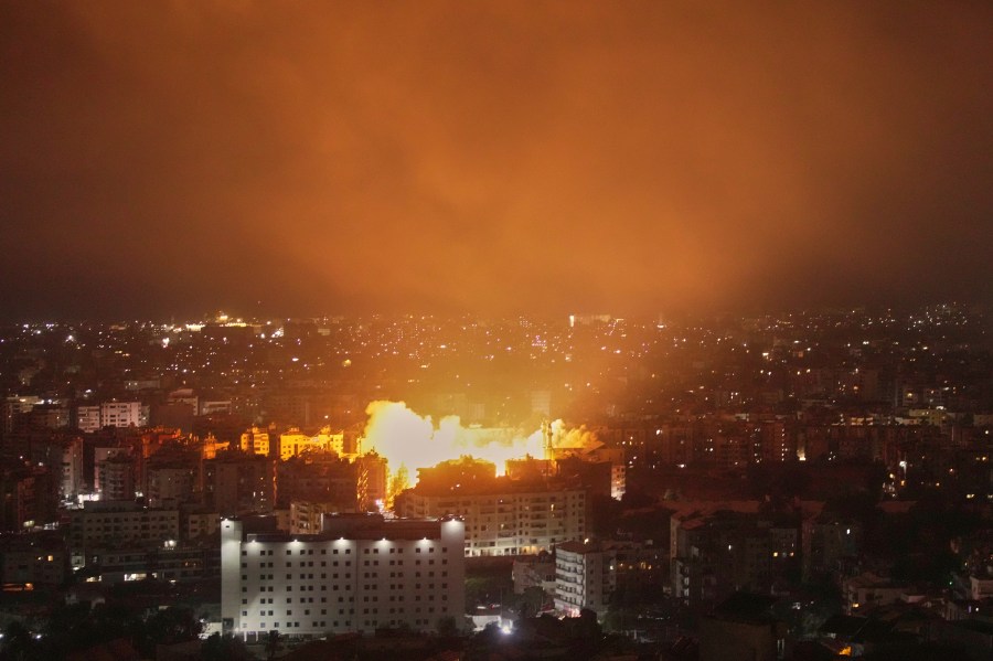 Flames rise following an Israeli airstrike on Dahiyeh in the southern suburb of Beirut, Lebanon, Thursday, June 5, 2025. (AP Photo/Hassan Ammar)