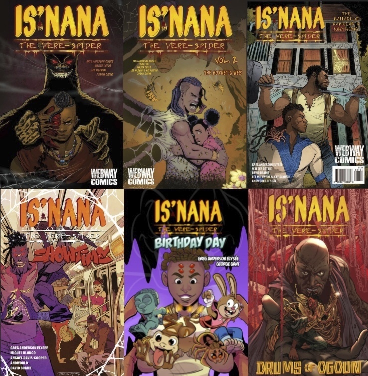 This image provided by Greg Anderson Elysee shows six covers from Greg Anderson Elysée's Is'nana comics series about the adventures of the son of Anansi the Spider, a god in the Akan religion of West Africa. (Greg Anderson Elysée via AP)