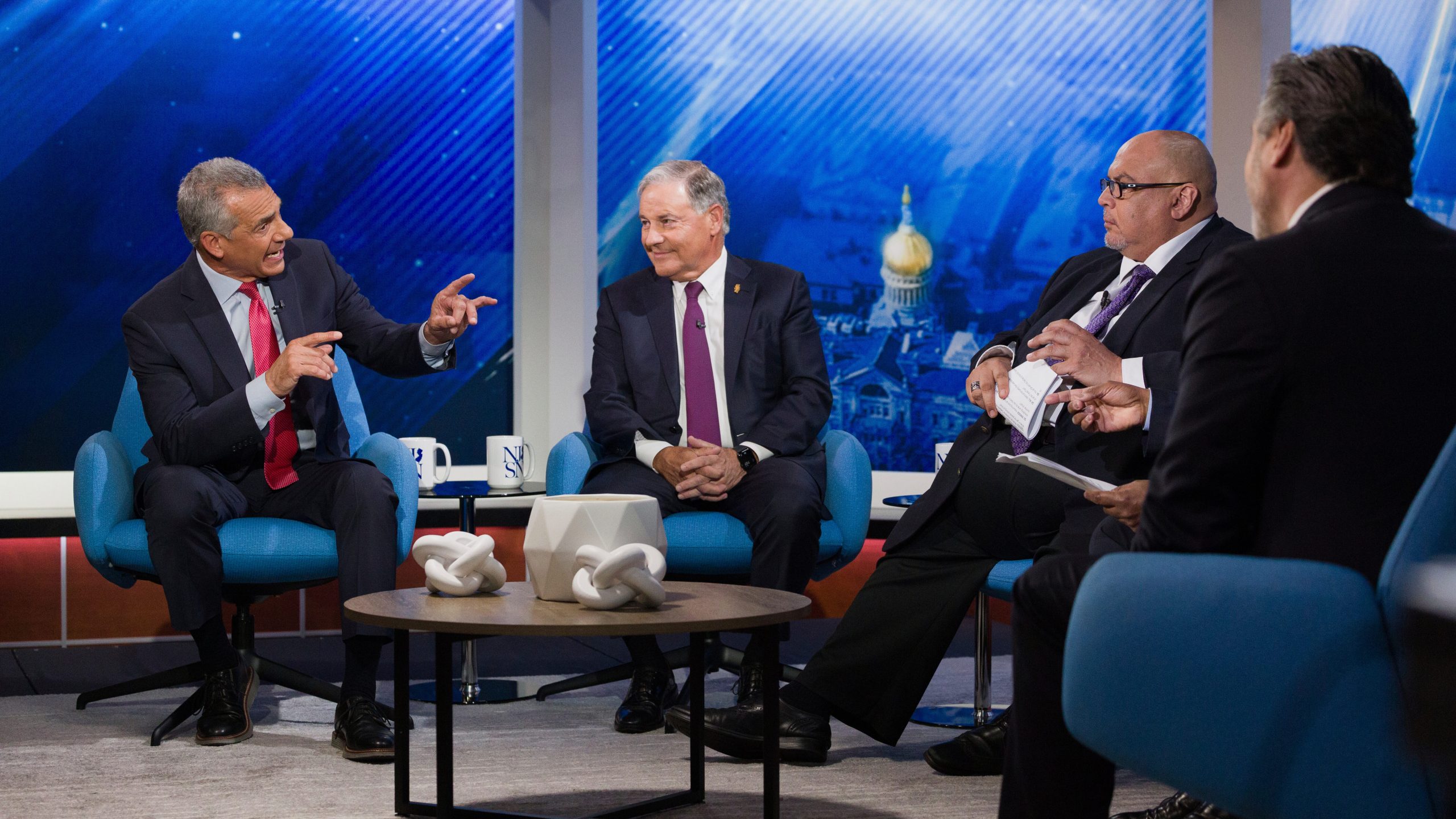 Candidates former Assemblyman Jack Ciattarelli, from left, State Senator Jon Bramnick, moderator and NJ PBS Chat Box host David Cruz and candidate former radio personality Bill Spadea, discuss the issues during the New Jersey Republican gubernatorial primary debate at NJ PBS Studios, Wednesday, May 7, 2025, in Newark, N.J. (Steve Hockstein/NJ Advance Media via AP, Pool)