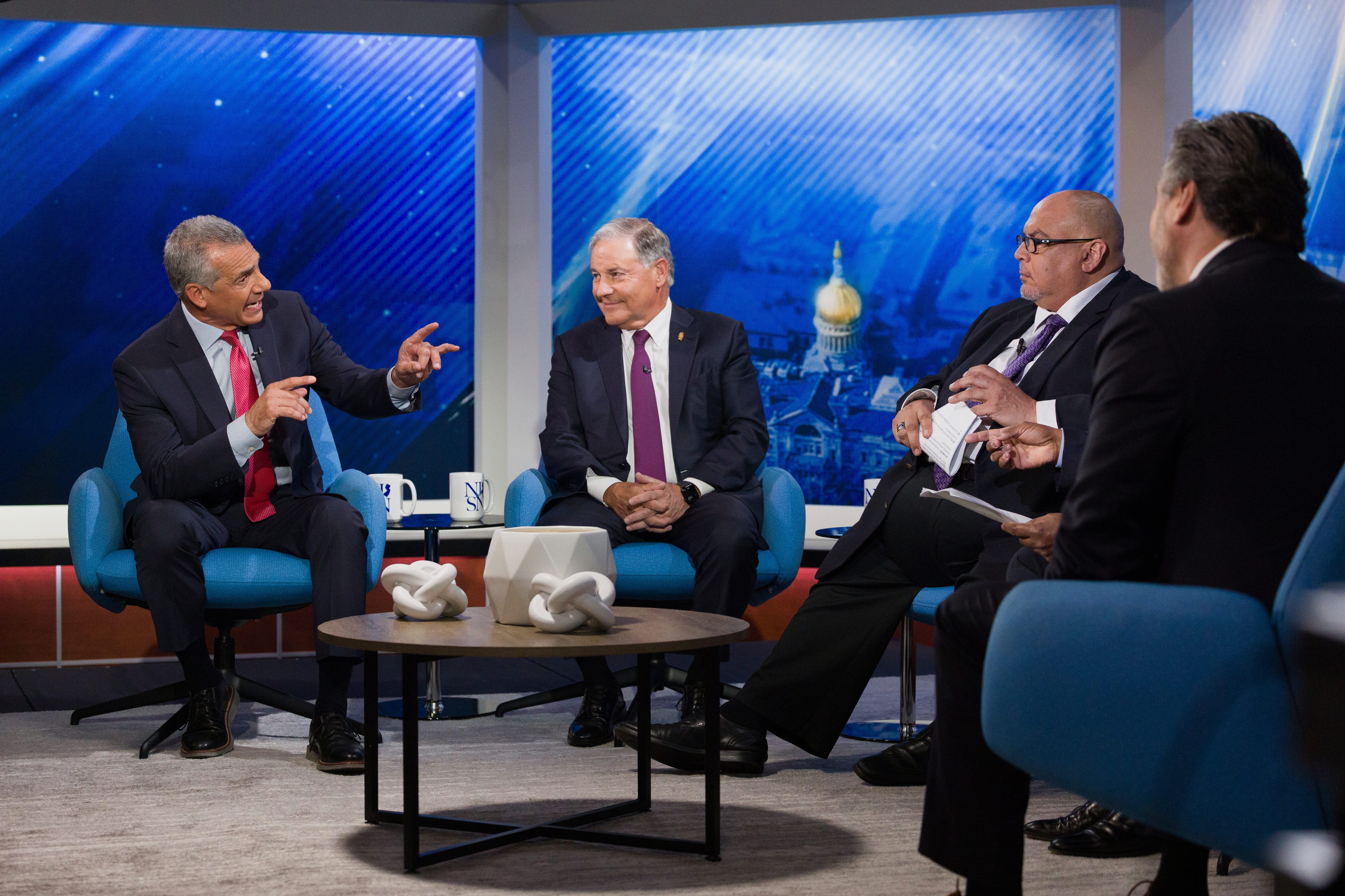 Candidates former Assemblyman Jack Ciattarelli, from left, State Senator Jon Bramnick, moderator and NJ PBS Chat Box host David Cruz and candidate former radio personality Bill Spadea, discuss the issues during the New Jersey Republican gubernatorial primary debate at NJ PBS Studios, Wednesday, May 7, 2025, in Newark, N.J. (Steve Hockstein/NJ Advance Media via AP, Pool)