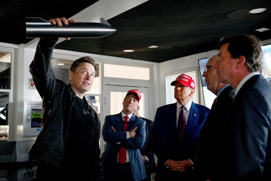 FILE - President-elect Donald Trump listens as Elon Musk explains the operations ahead of the launch of the sixth test flight of the SpaceX Starship rocket, Nov. 19, 2024, in Boca Chica, Texas. (Brandon Bell/Pool via AP, File)