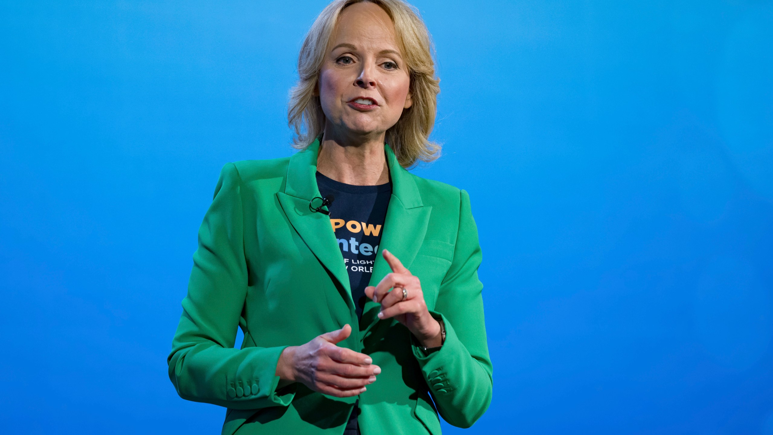 Points of Light president and CEO Jennifer Sirangelo speaks at the 2025 Points of Light Conference in New Orleans, Friday, June 6, 2025. (AP Photo/Matthew Hinton)