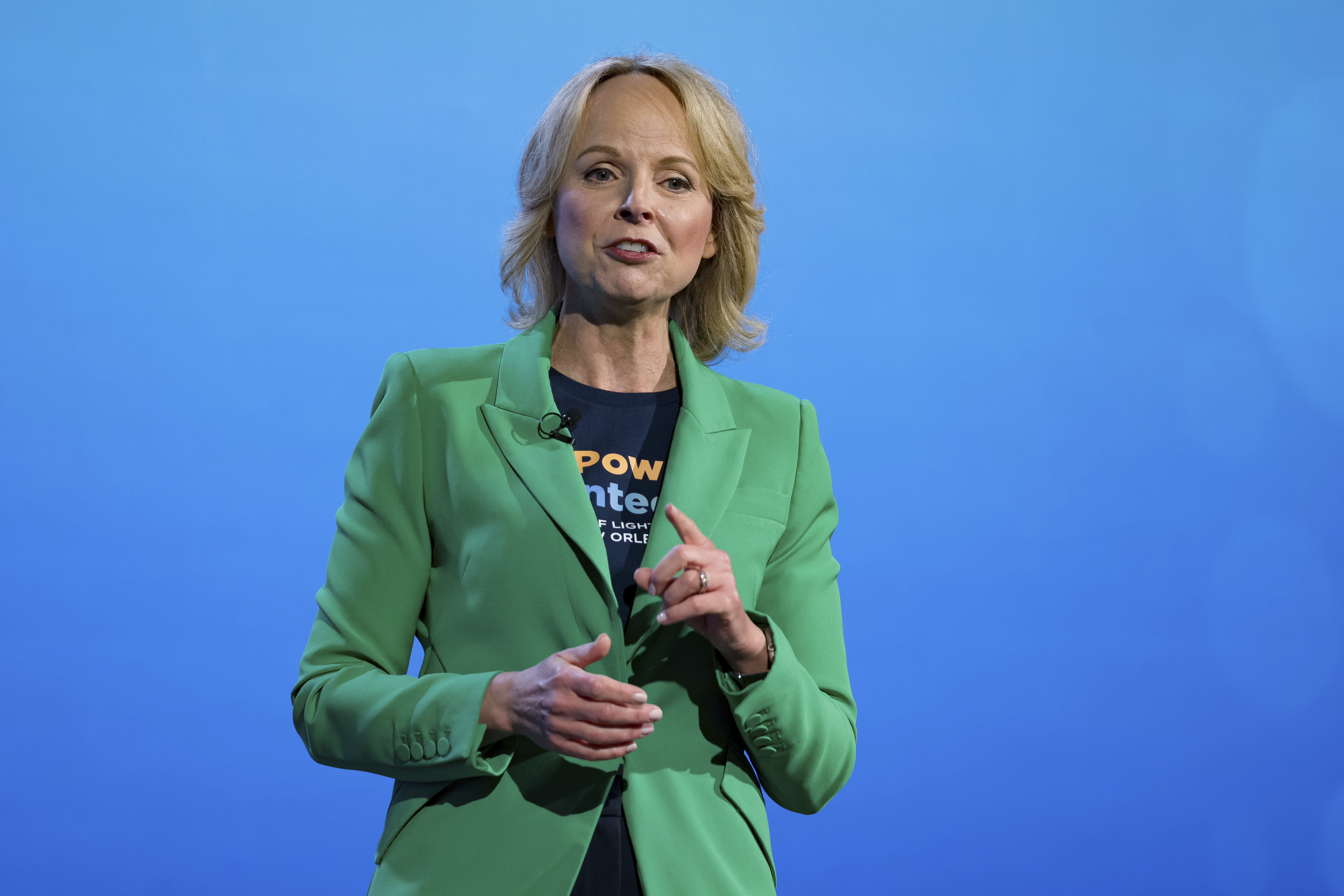 Points of Light president and CEO Jennifer Sirangelo speaks at the 2025 Points of Light Conference in New Orleans, Friday, June 6, 2025. (AP Photo/Matthew Hinton)