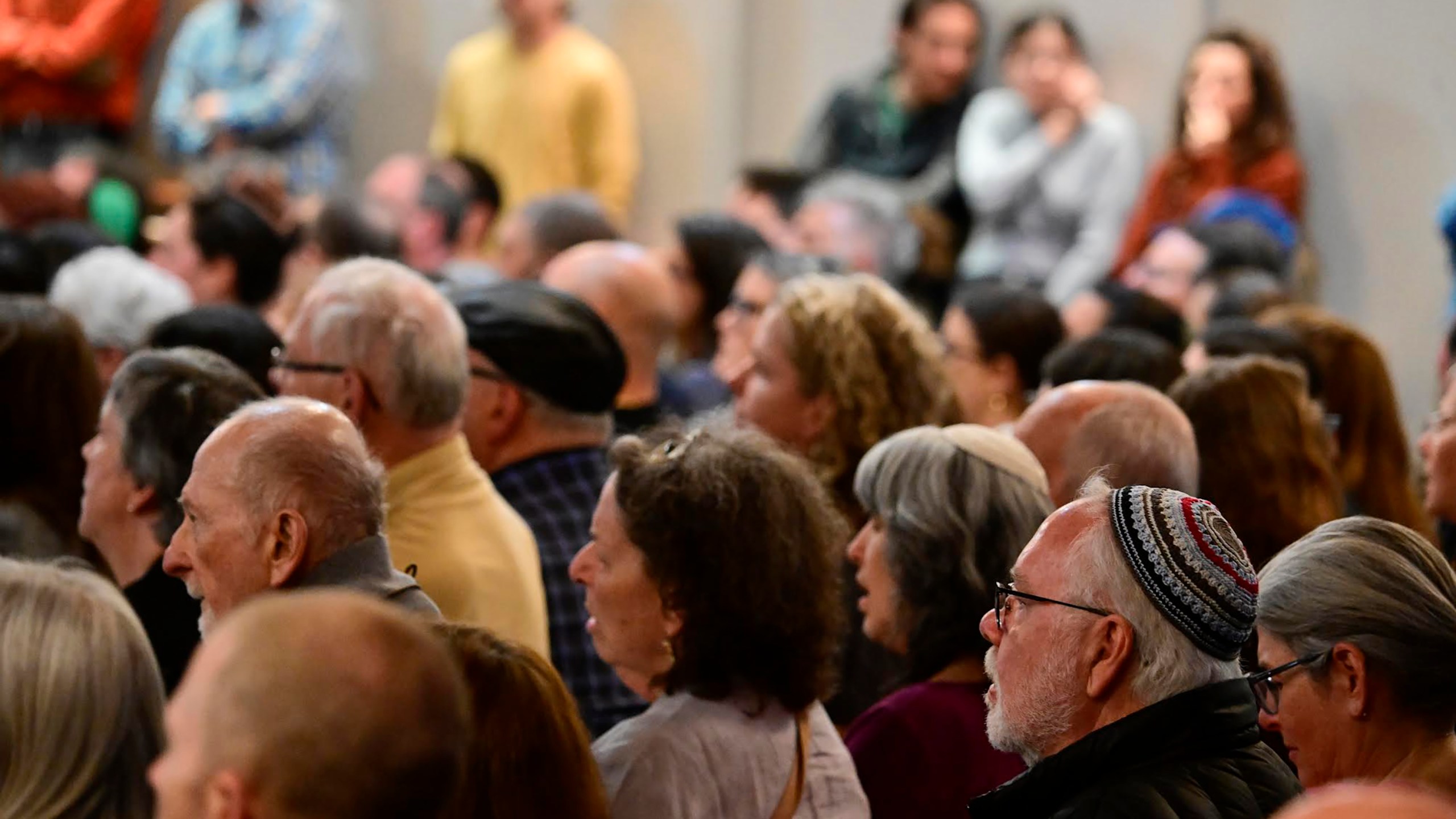 Attendees listen to speakers during a community vigil at the Boulder Jewish Community Center, Wednesday, June 4, 2025, in Boulder, Colo. (Andy Cross/The Denver Post via AP, Pool)