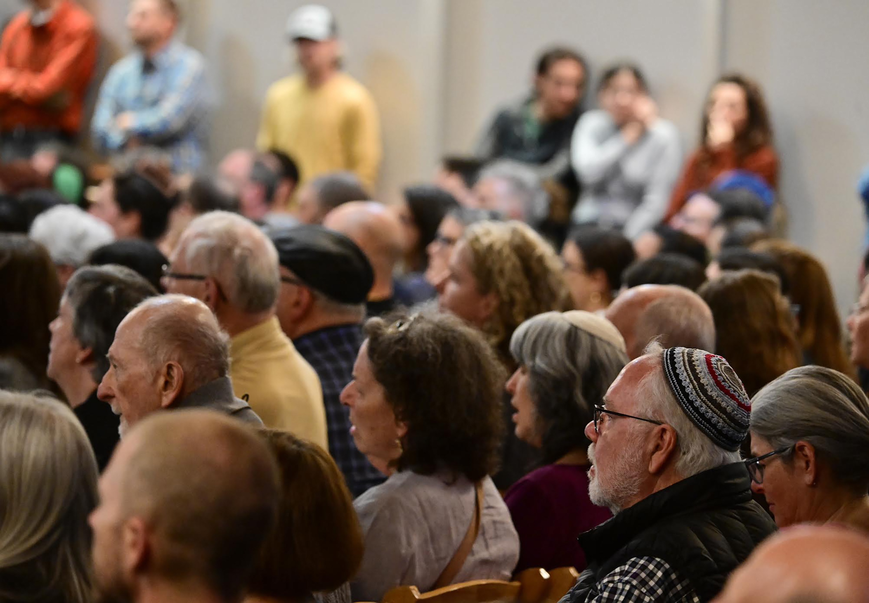 Attendees listen to speakers during a community vigil at the Boulder Jewish Community Center, Wednesday, June 4, 2025, in Boulder, Colo. (Andy Cross/The Denver Post via AP, Pool)