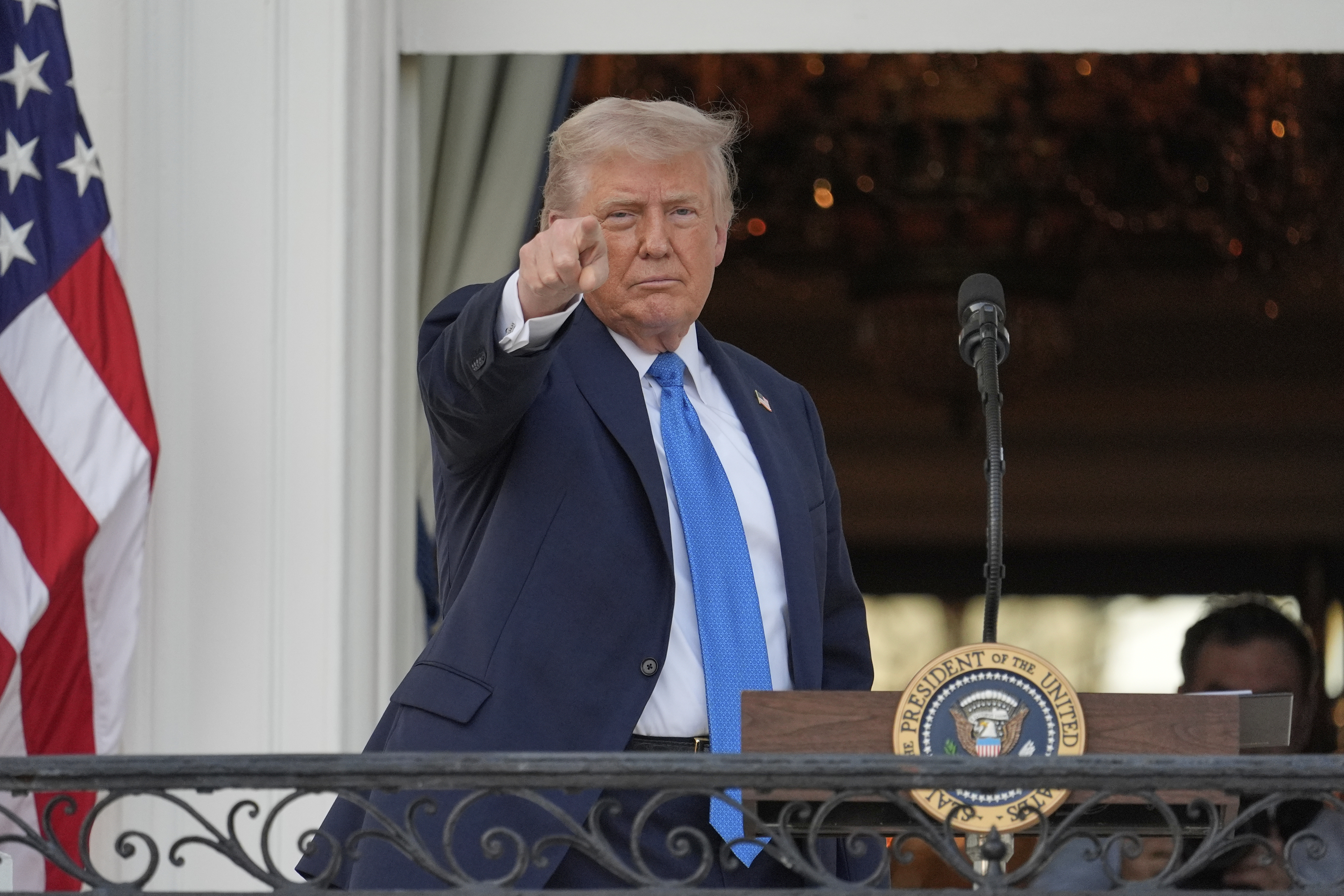 President Donald Trump gestures after speaking during a summer soiree on the South Lawn of the White House, Wednesday, June 4, 2025, in Washington. (AP Photo/Alex Brandon)