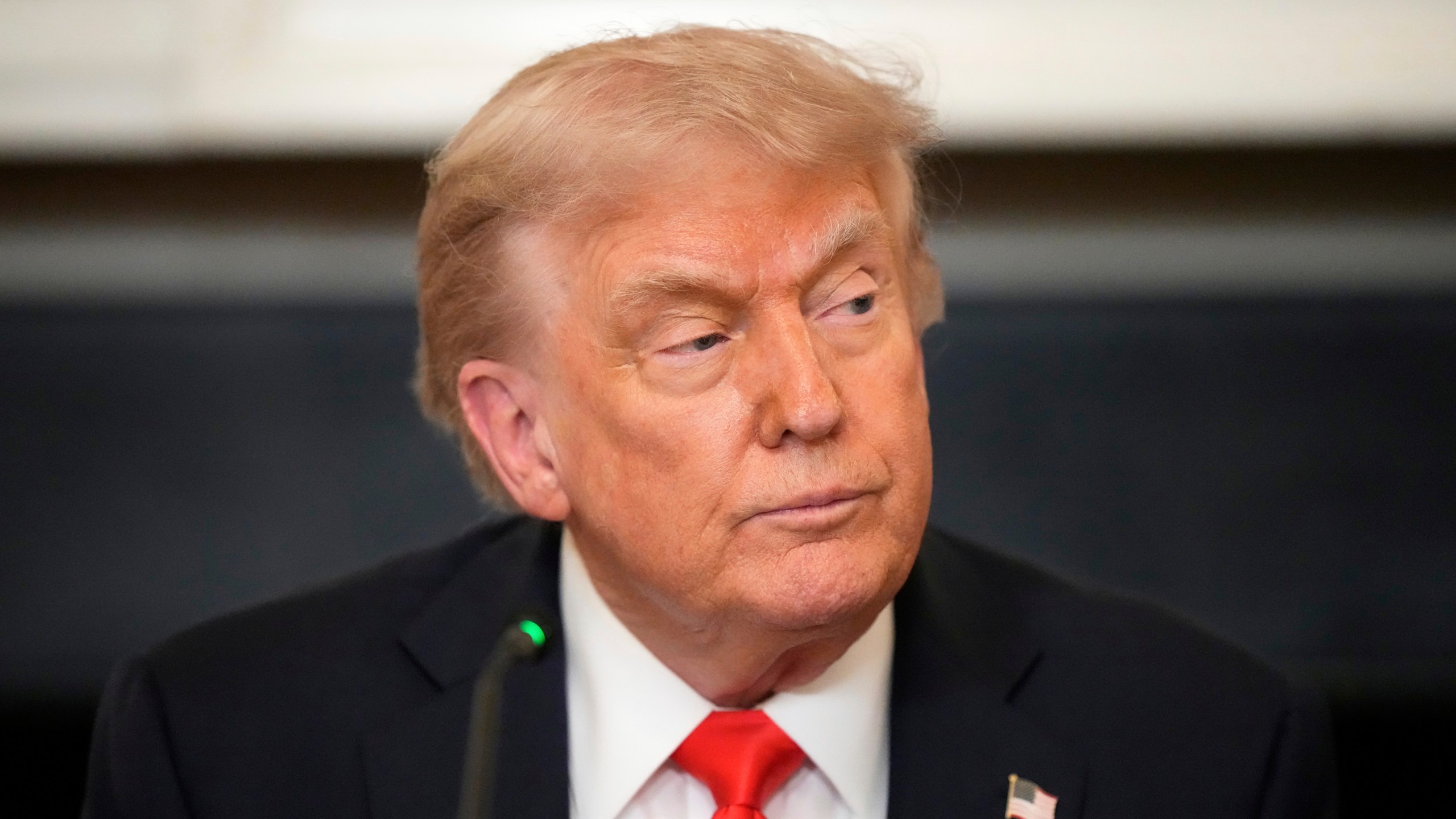 President Donald Trump attends a meeting with the Fraternal Order of Police in the State Dinning Room of the White House, Thursday, June 5, 2025, in Washington. (AP Photo/Alex Brandon)