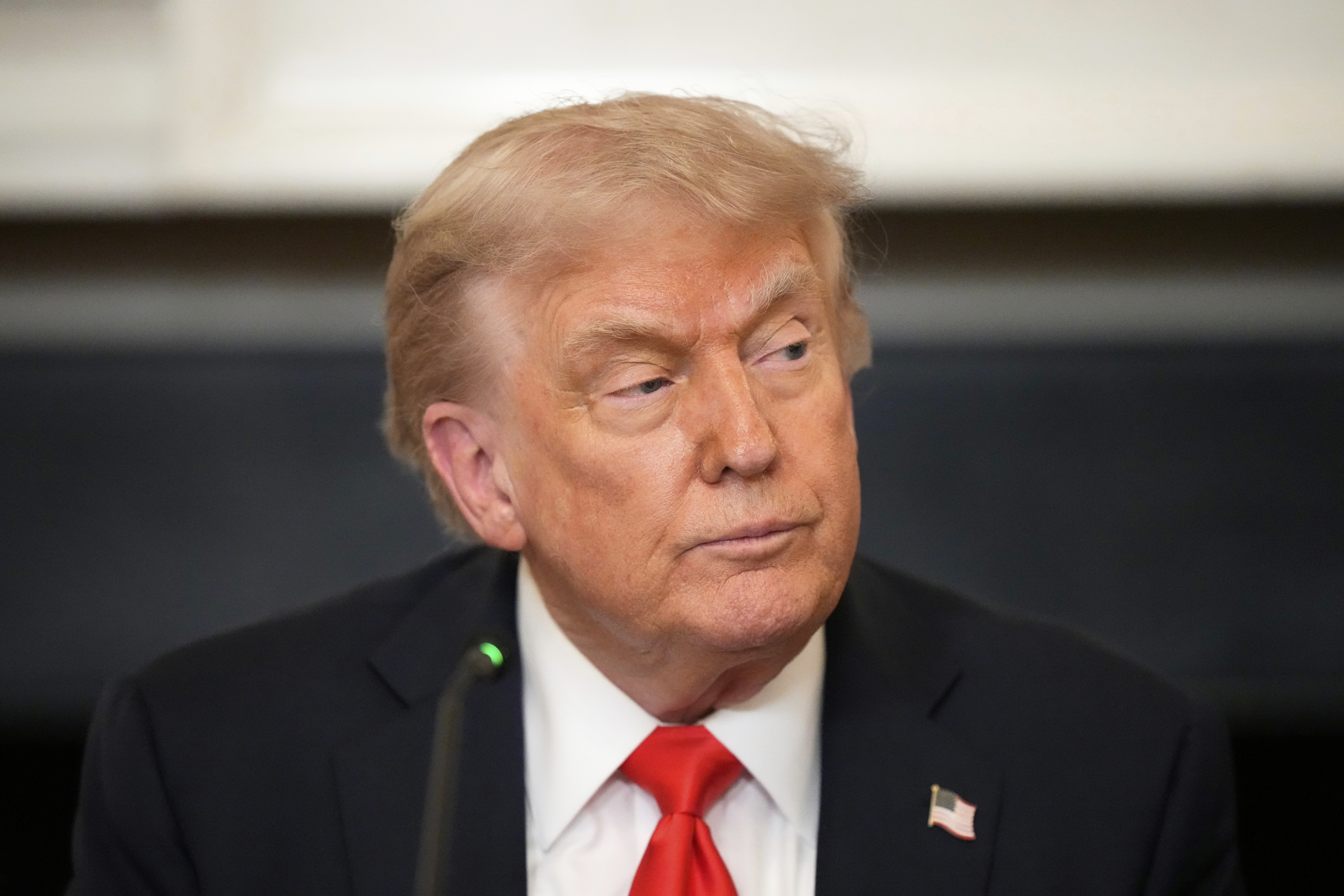 President Donald Trump attends a meeting with the Fraternal Order of Police in the State Dinning Room of the White House, Thursday, June 5, 2025, in Washington. (AP Photo/Alex Brandon)