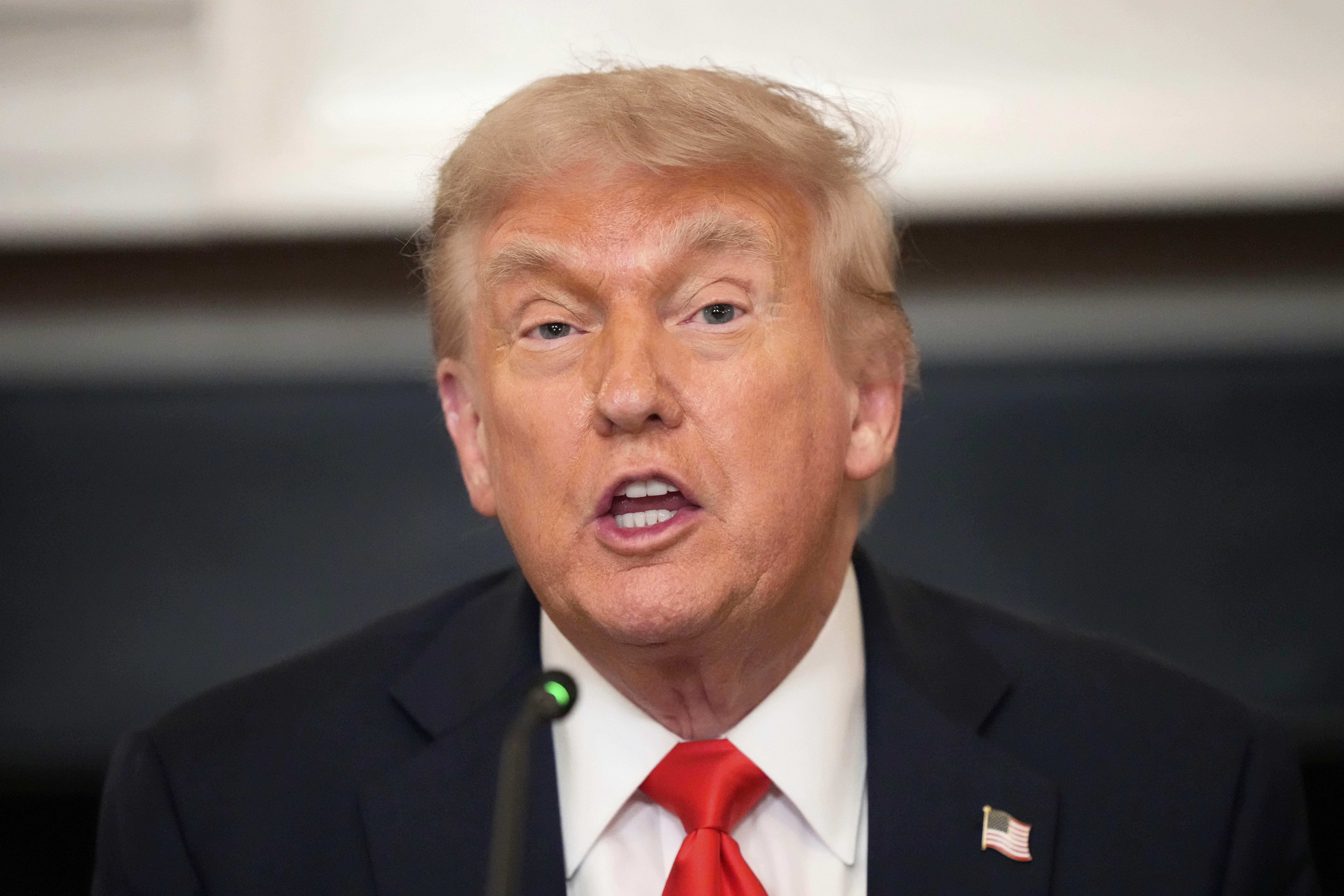 President Donald Trump speaks during a meeting with the Fraternal Order of Police in the State Dinning Room of the White House, Thursday, June 5, 2025, in Washington. (AP Photo/Alex Brandon)