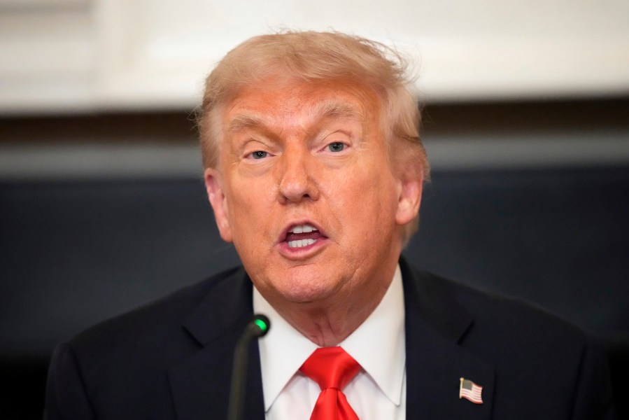 President Donald Trump speaks during a meeting with the Fraternal Order of Police in the State Dinning Room of the White House, Thursday, June 5, 2025, in Washington. (AP Photo/Alex Brandon)