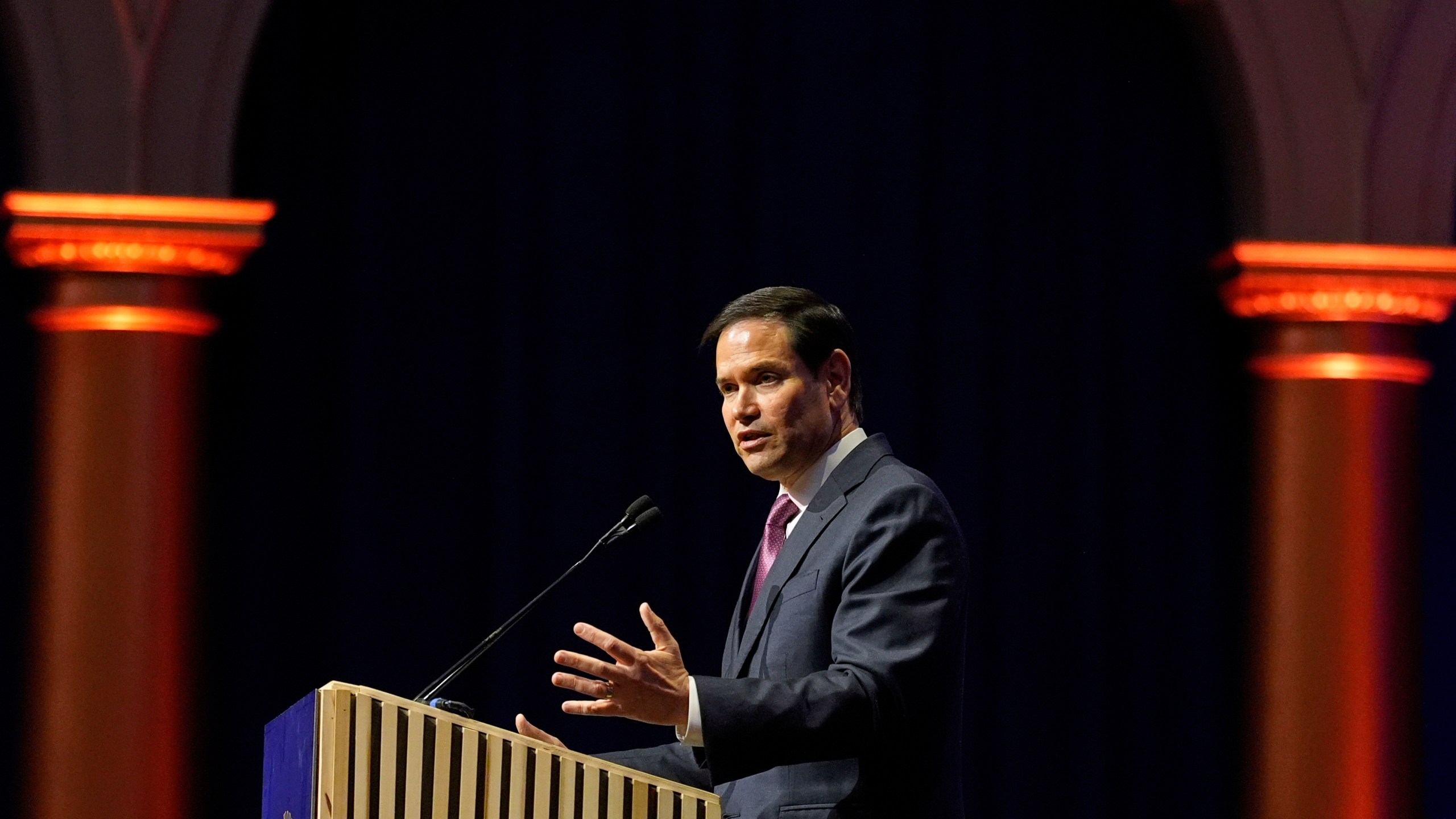 Secretary of State Marco Rubio speaks at the American Compass's The New World Gala in Washington, Tuesday, June 3, 2025. (AP Photo/Mark Schiefelbein)
