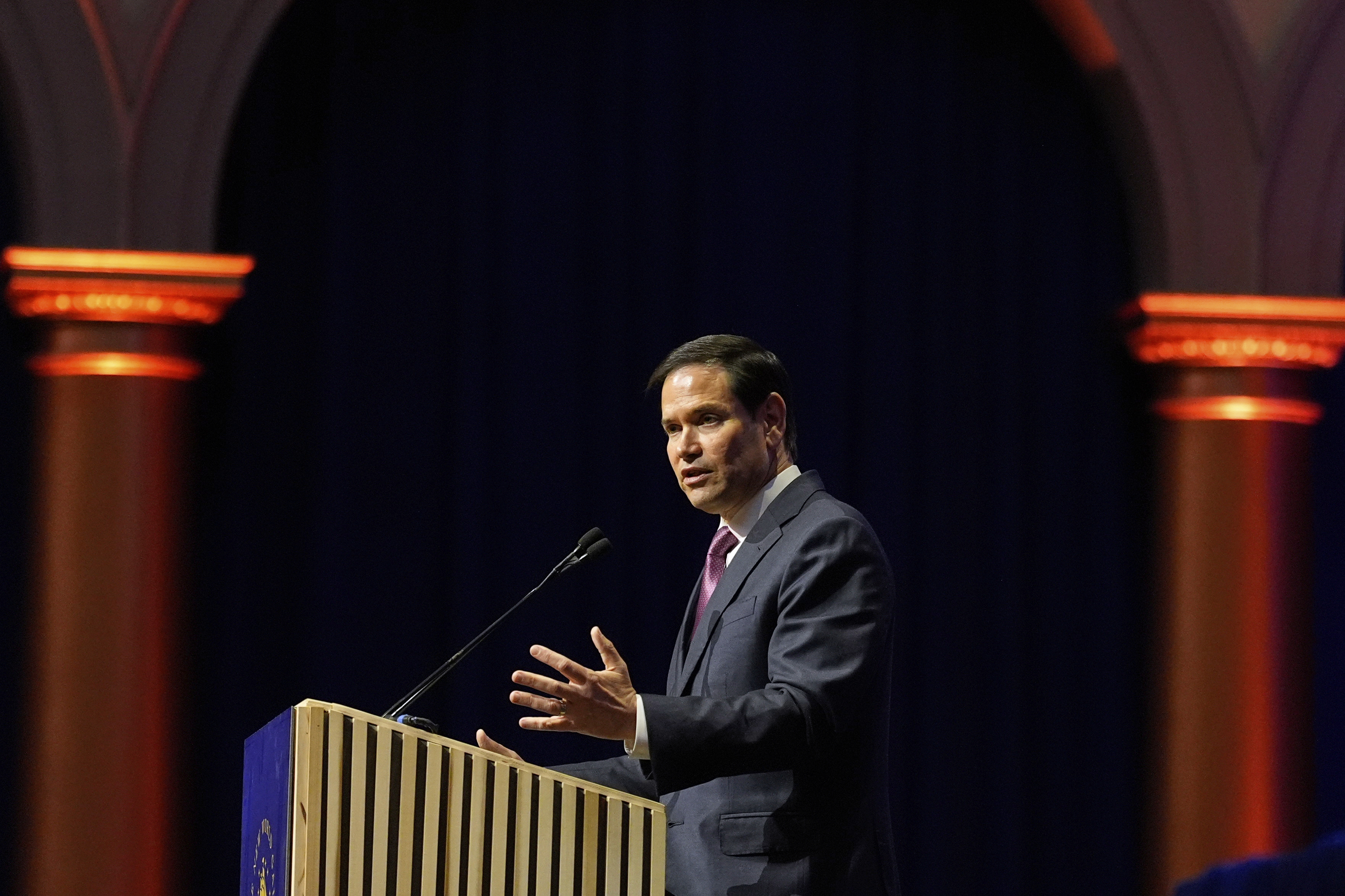 Secretary of State Marco Rubio speaks at the American Compass's The New World Gala in Washington, Tuesday, June 3, 2025. (AP Photo/Mark Schiefelbein)