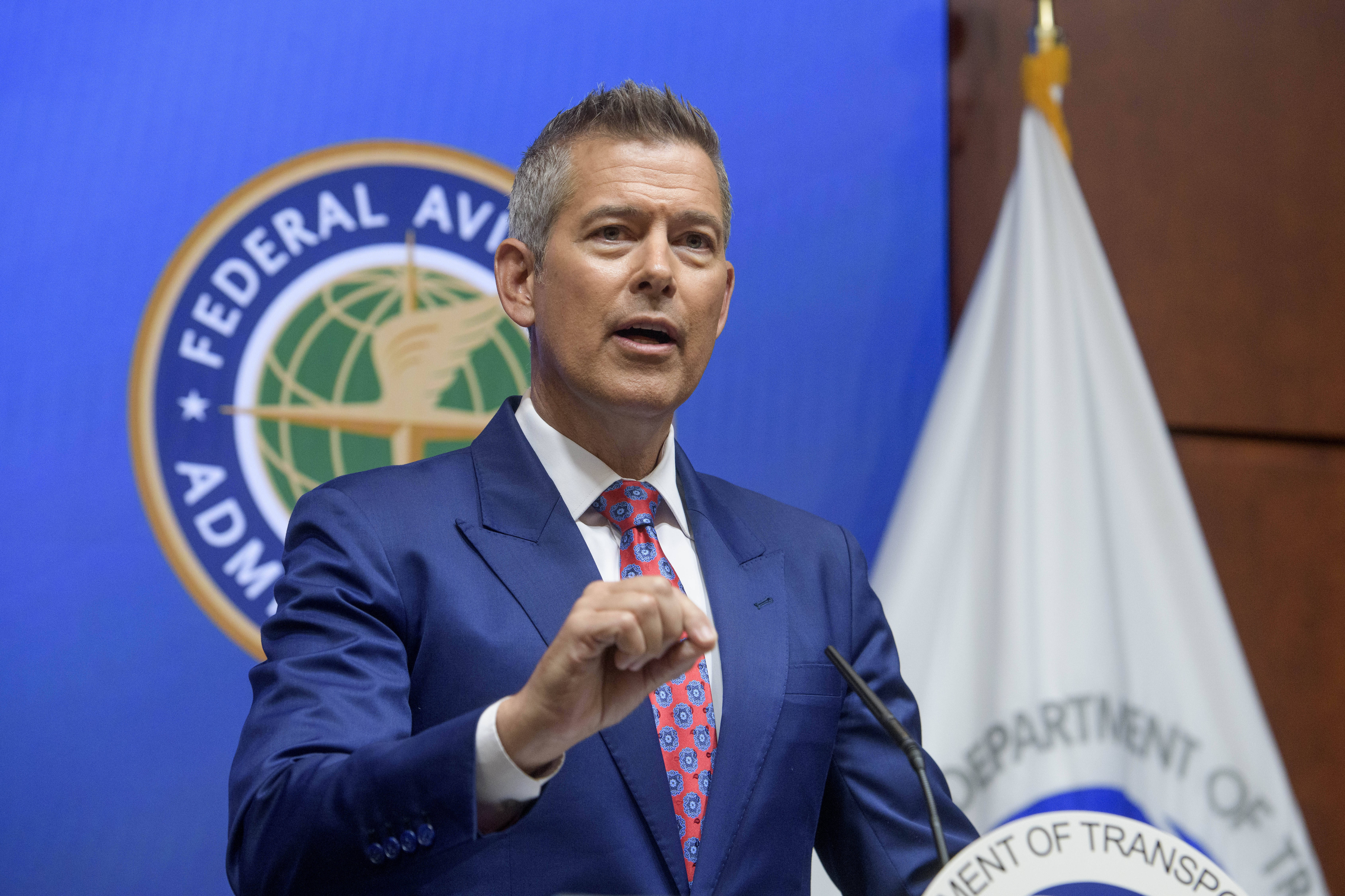 Secretary of Transportation Sean Duffy speaks during a news conference to provide a status update on Newark Liberty International Airport at the Department of Transportation in Washington, Wednesday, May 28, 2025. (AP Photo/Rod Lamkey, Jr.)