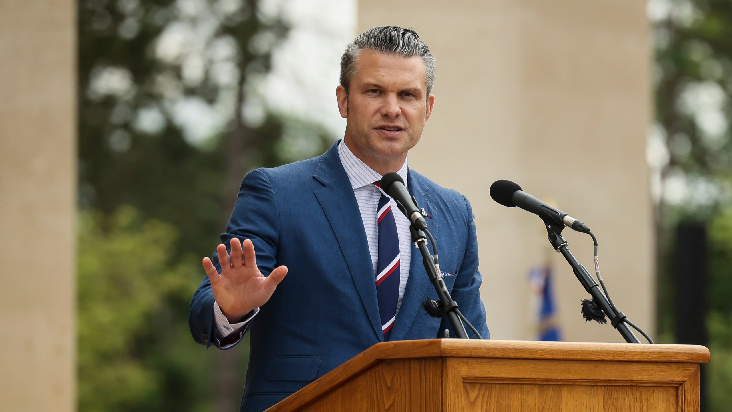 U.S. Defense Secretary Pete Hegseth delivers a speech at the US cemetery to commemorate the 81st anniversary of the D-Day landings, Friday, June 6, 2025 in Colleville-sur-Mer, Normandy. (AP Photo/Thomas Padilla)
