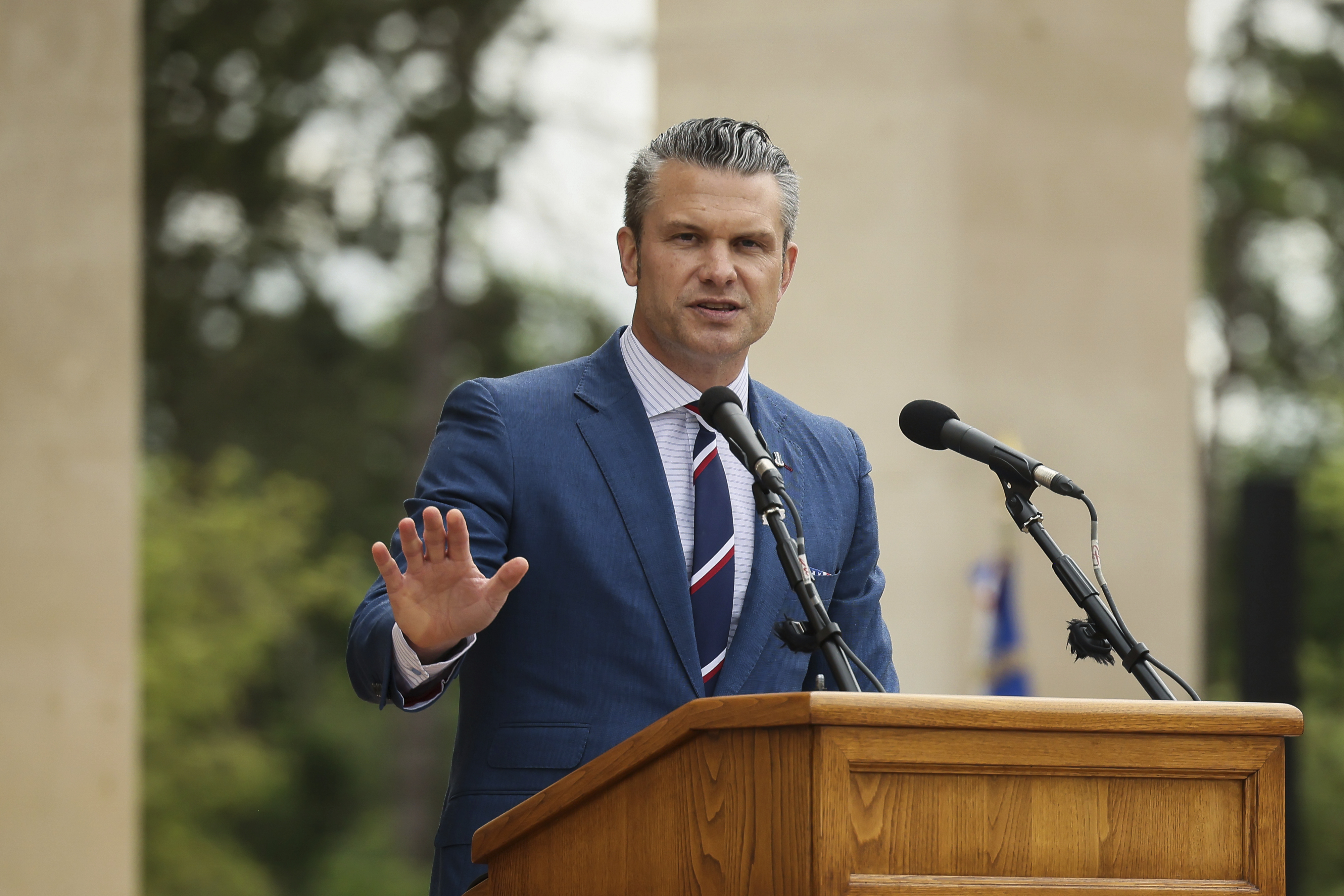 U.S. Defense Secretary Pete Hegseth delivers a speech at the US cemetery to commemorate the 81st anniversary of the D-Day landings, Friday, June 6, 2025 in Colleville-sur-Mer, Normandy. (AP Photo/Thomas Padilla)