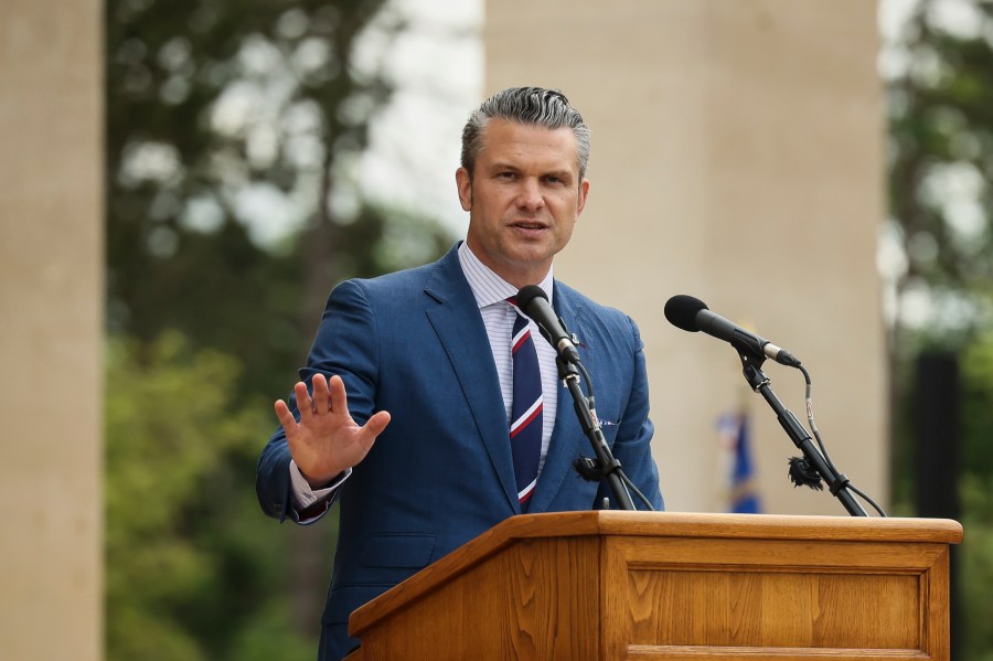 U.S. Defense Secretary Pete Hegseth delivers a speech at the US cemetery to commemorate the 81st anniversary of the D-Day landings, Friday, June 6, 2025 in Colleville-sur-Mer, Normandy. (AP Photo/Thomas Padilla)