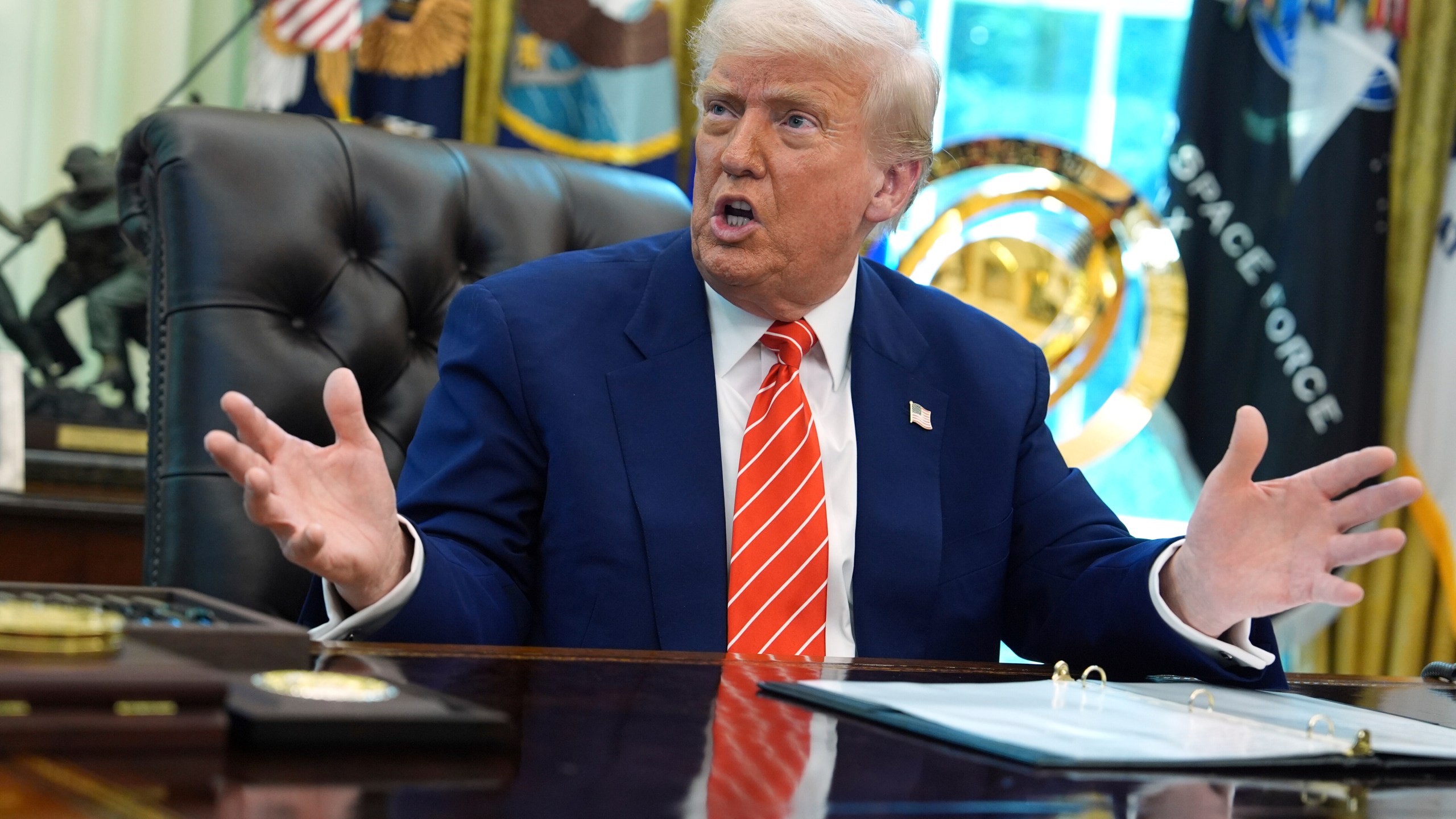 President Donald Trump speaks during a news conference with Elon Musk in the Oval Office of the White House, Friday, May 30, 2025, in Washington. (AP Photo/Evan Vucci)