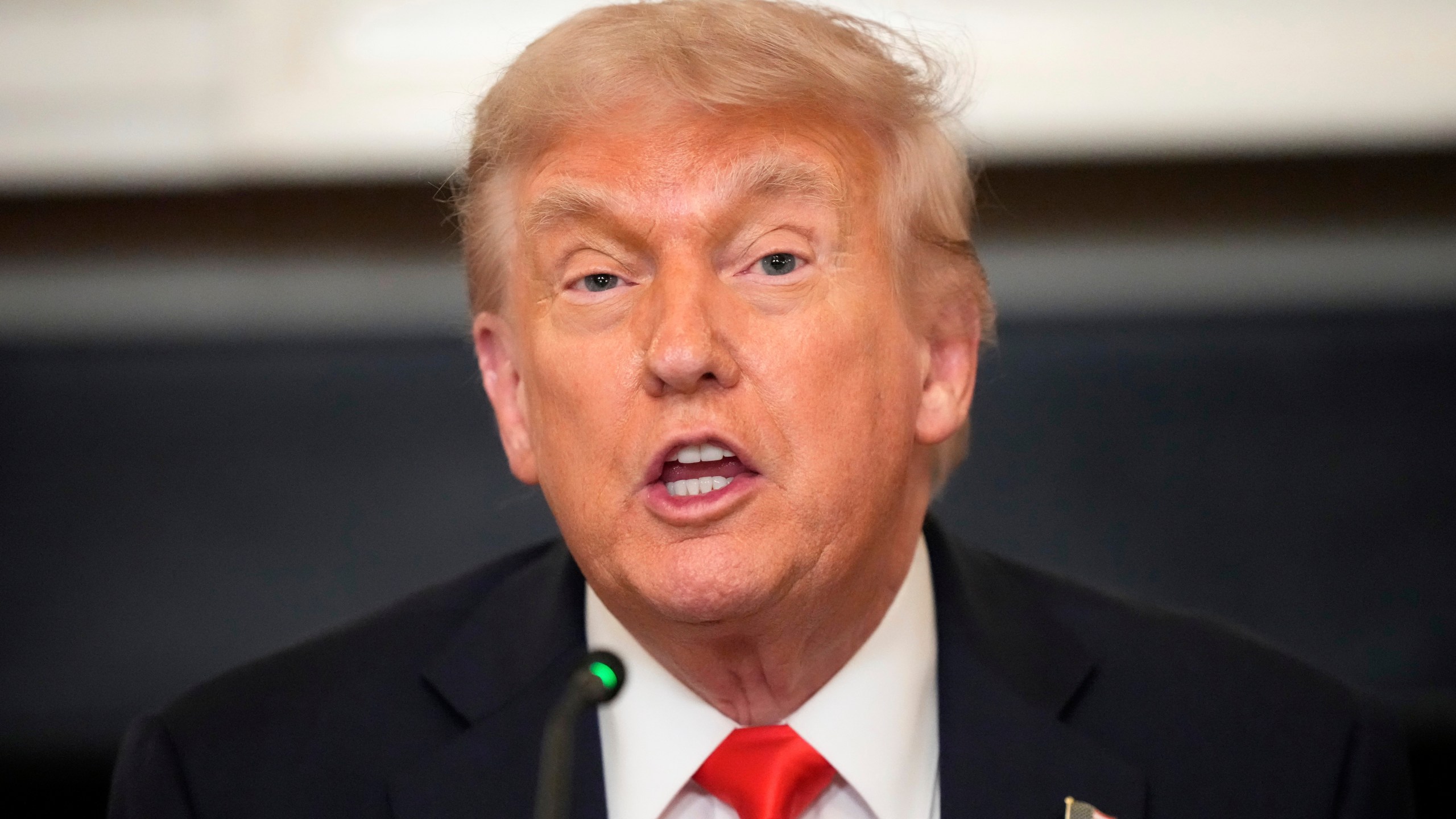 President Donald Trump speaks during a meeting with the Fraternal Order of Police in the State Dinning Room of the White House, Thursday, June 5, 2025, in Washington. (AP Photo/Alex Brandon)