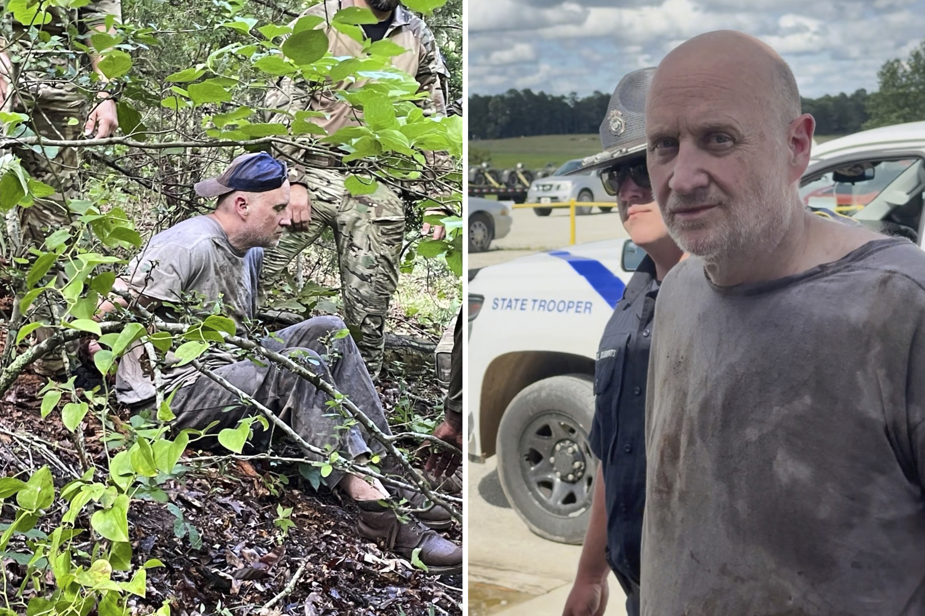 This combo of images released by the Arkansas Department of Corrections shows the recapture of escaped inmate Grant Hardin, an ex-police chief and convicted killer, by Arkansas law enforcement officers and the U.S. Border Patrol , Friday, June 6, 2025, near Moccasin Creek in Izard County, about 1.5 miles (2.4 kilometers) northwest of Calico Rock prison. in Calico Rock, Ark. (Arkansas Department of Corrections via AP)