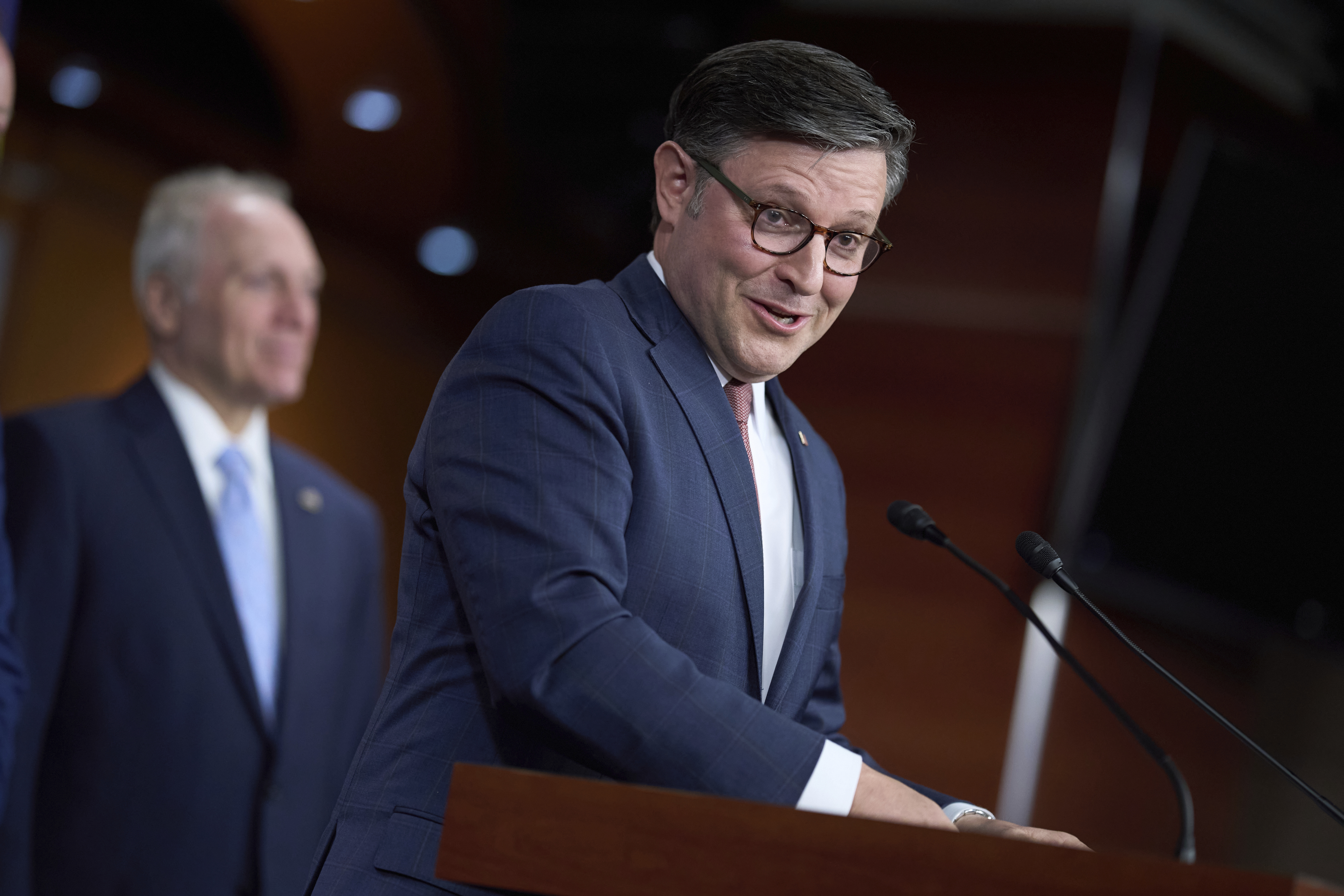 Speaker of the House Mike Johnson, R-La., wraps up a news conference on President Donald Trump's bill of tax breaks and spending cuts, at the Capitol in Washington, Wednesday, June 4, 2025. (AP Photo/J. Scott Applewhite)