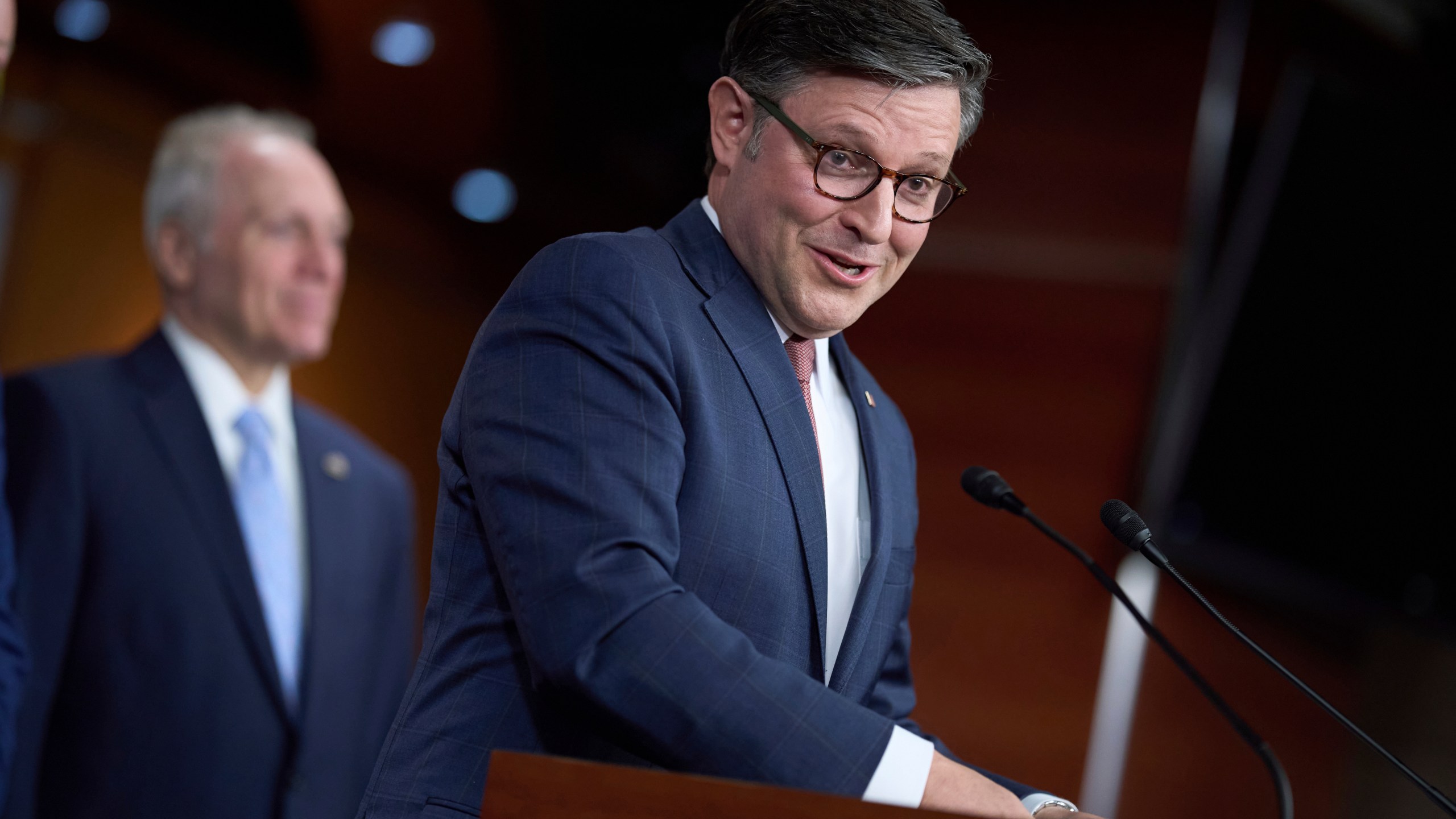 Speaker of the House Mike Johnson, R-La., wraps up a news conference on President Donald Trump's bill of tax breaks and spending cuts, at the Capitol in Washington, Wednesday, June 4, 2025. (AP Photo/J. Scott Applewhite)