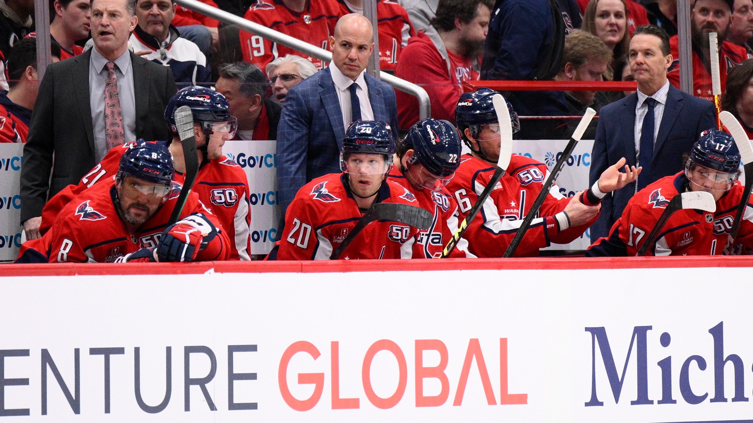 FILE - Washington Capitals head coach Spencer Carbery, center, in action during the first period of an NHL hockey game against the Detroit Red Wings, Friday, March 7, 2025, in Washington. (AP Photo/Nick Wass, File)