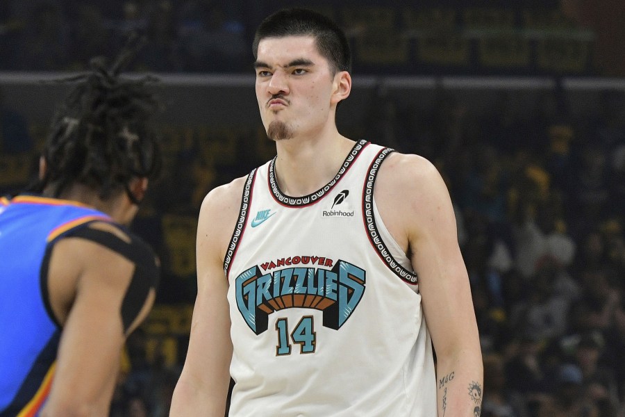 FILE - Memphis Grizzlies center Zach Edey (14) reacts in the first half of Game 3 of an NBA first-round playoff series against the Oklahoma City Thunder in Memphis, Tenn., on Thursday, April 24, 2025. (AP Photo/Brandon Dill, File)