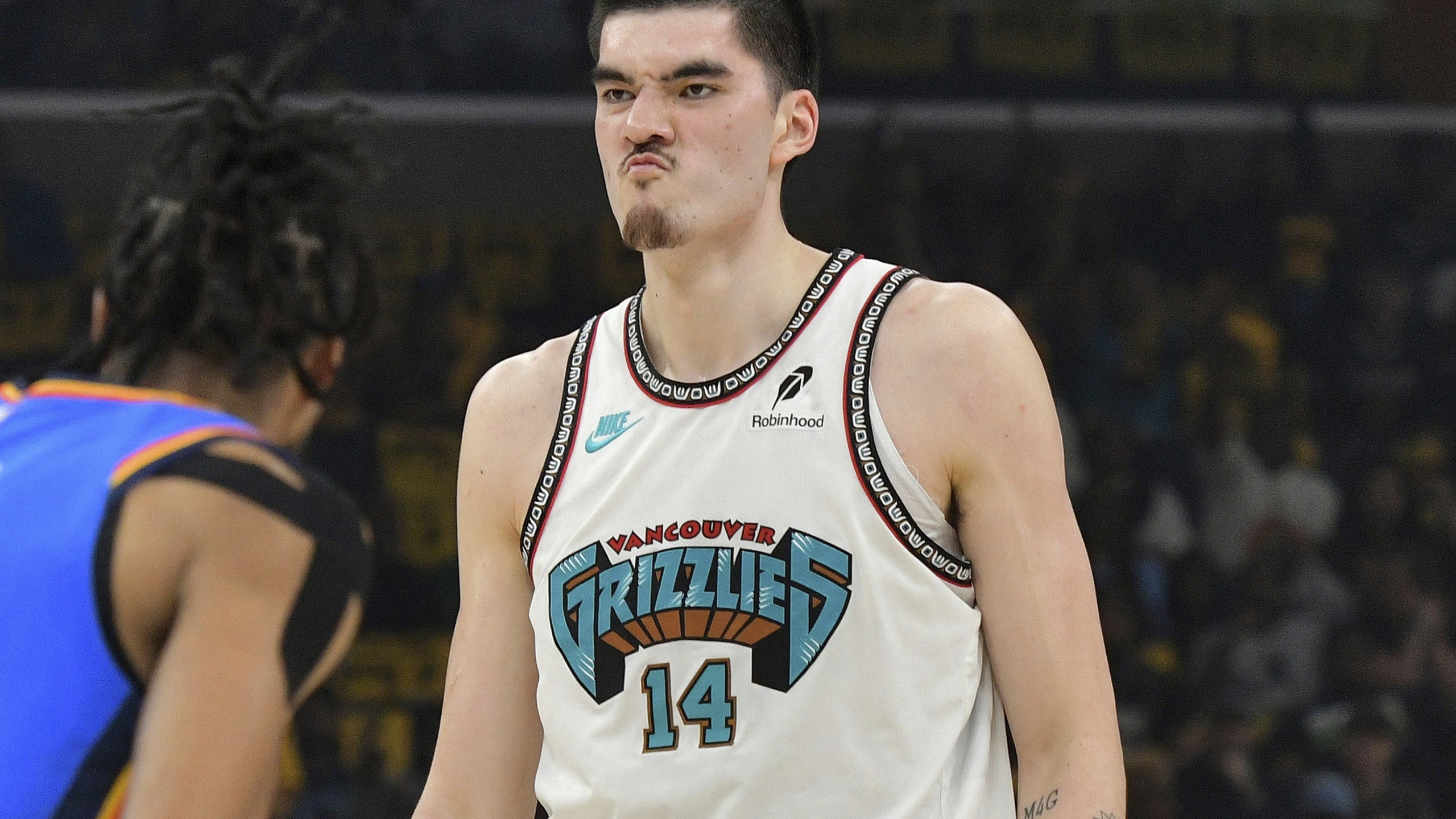 FILE - Memphis Grizzlies center Zach Edey (14) reacts in the first half of Game 3 of an NBA first-round playoff series against the Oklahoma City Thunder in Memphis, Tenn., on Thursday, April 24, 2025. (AP Photo/Brandon Dill, File)
