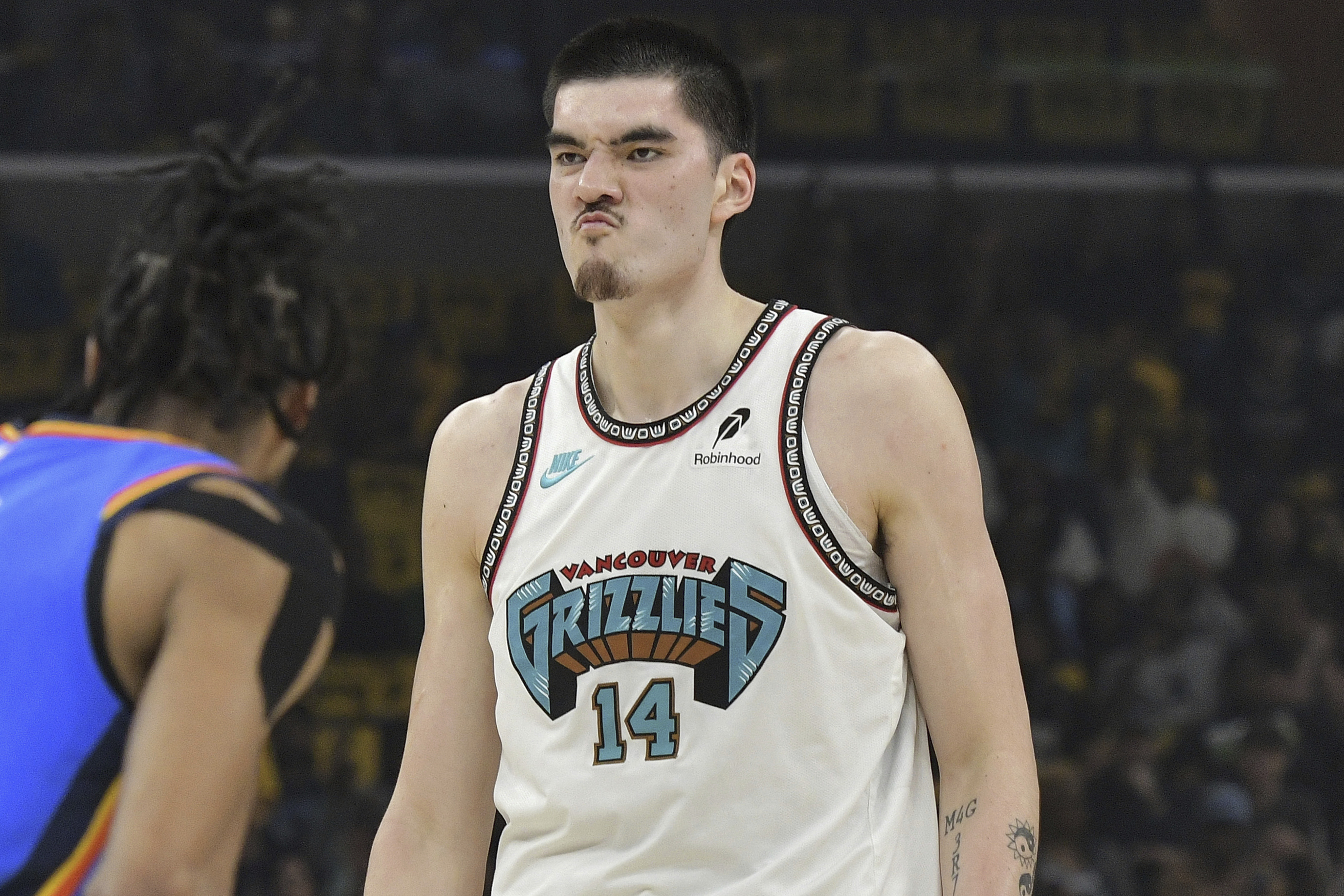 FILE - Memphis Grizzlies center Zach Edey (14) reacts in the first half of Game 3 of an NBA first-round playoff series against the Oklahoma City Thunder in Memphis, Tenn., on Thursday, April 24, 2025. (AP Photo/Brandon Dill, File)