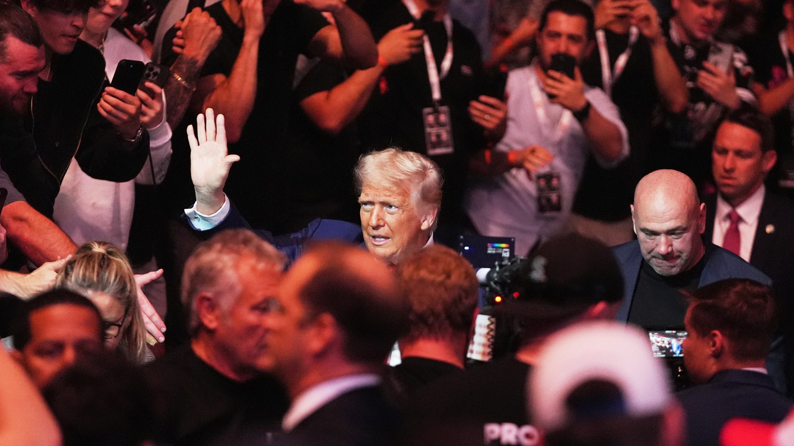 President Donald Trump attends the UFC-316 mixed martial arts event, at the Prudential Center, Saturday, June 7, 2025, in Newark, N.J., withUFC's Dana White, right. (AP Photo/Frank Franklin II)