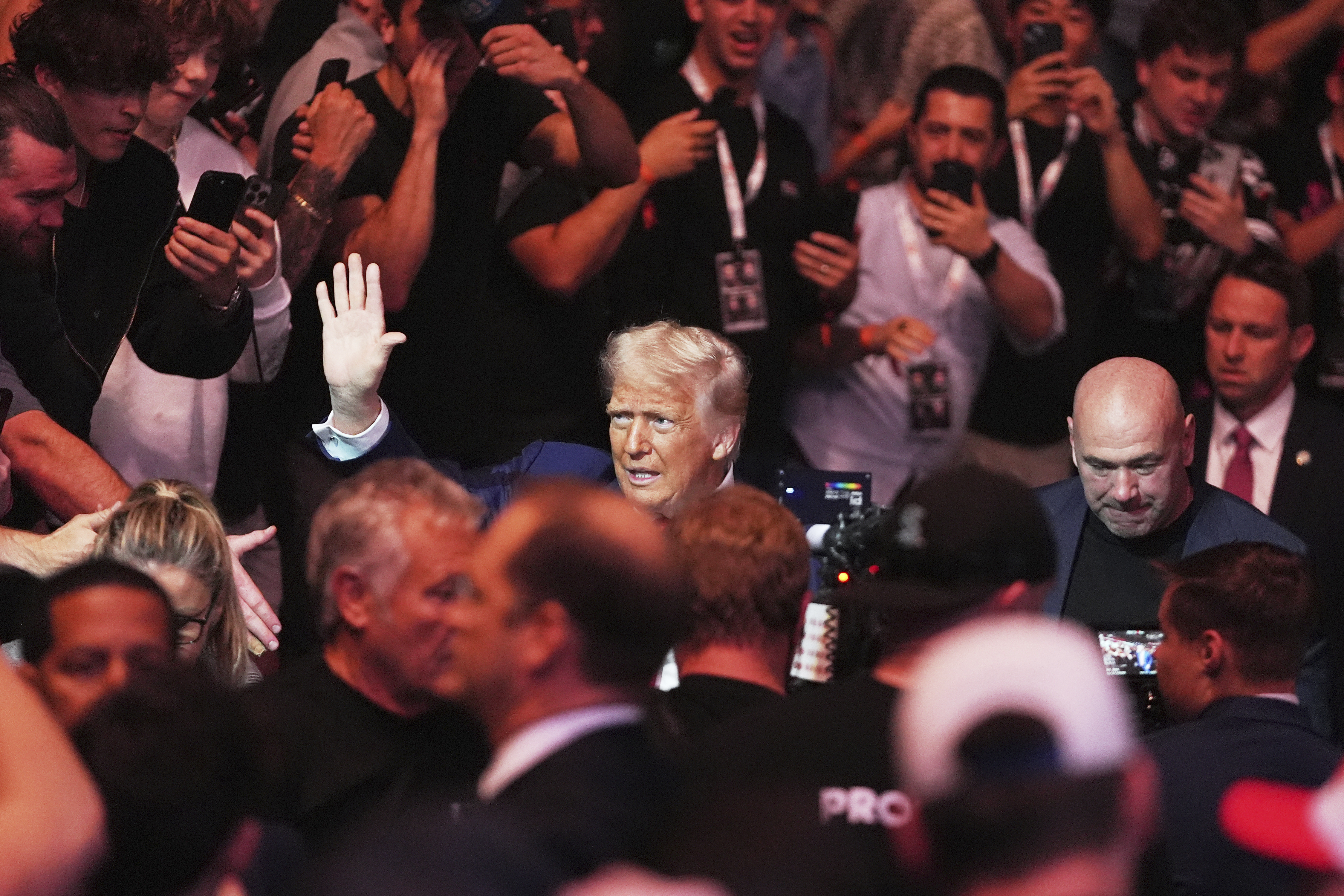 President Donald Trump attends the UFC-316 mixed martial arts event, at the Prudential Center, Saturday, June 7, 2025, in Newark, N.J., withUFC's Dana White, right. (AP Photo/Frank Franklin II)