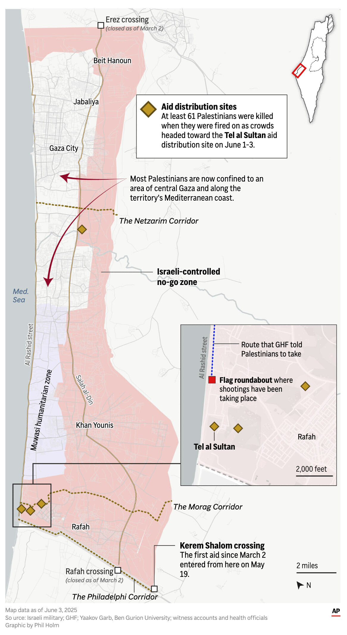 The map above locates the GHF aid sites in Gaza and the no-go Israeli occupied areas. It highlights the recent shootings that took place near the aid sites. (AP Graphic)
