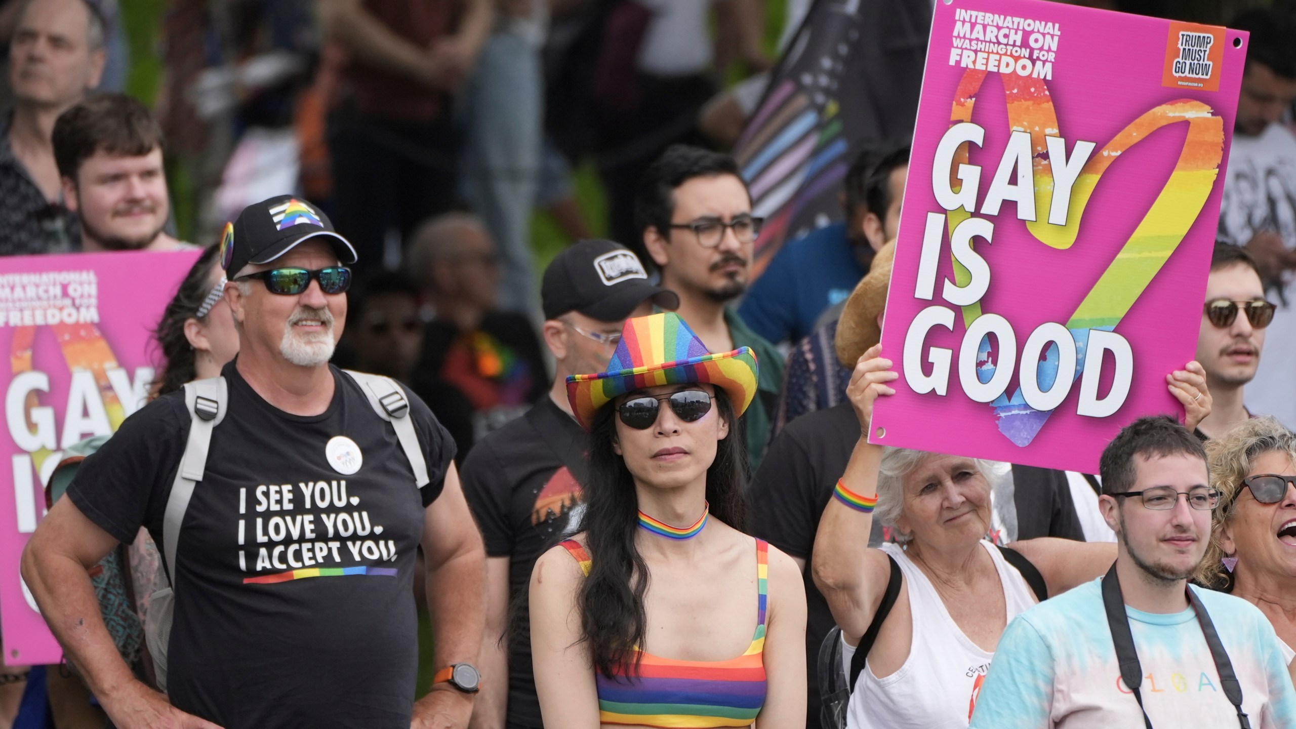 People attend the World Pride Rally and March at the Lincoln Memorial, Sunday, June 8, 2025, on the National Mall in Washington. (AP Photo/Alex Brandon)