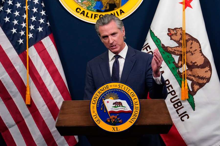 Calif. Gov. Gavin Newsom presents his revised 2025-2026 state budget during a news conference in Sacramento, Calif., Wednesday, May 14, 2025. (AP Photo/Rich Pedroncelli)